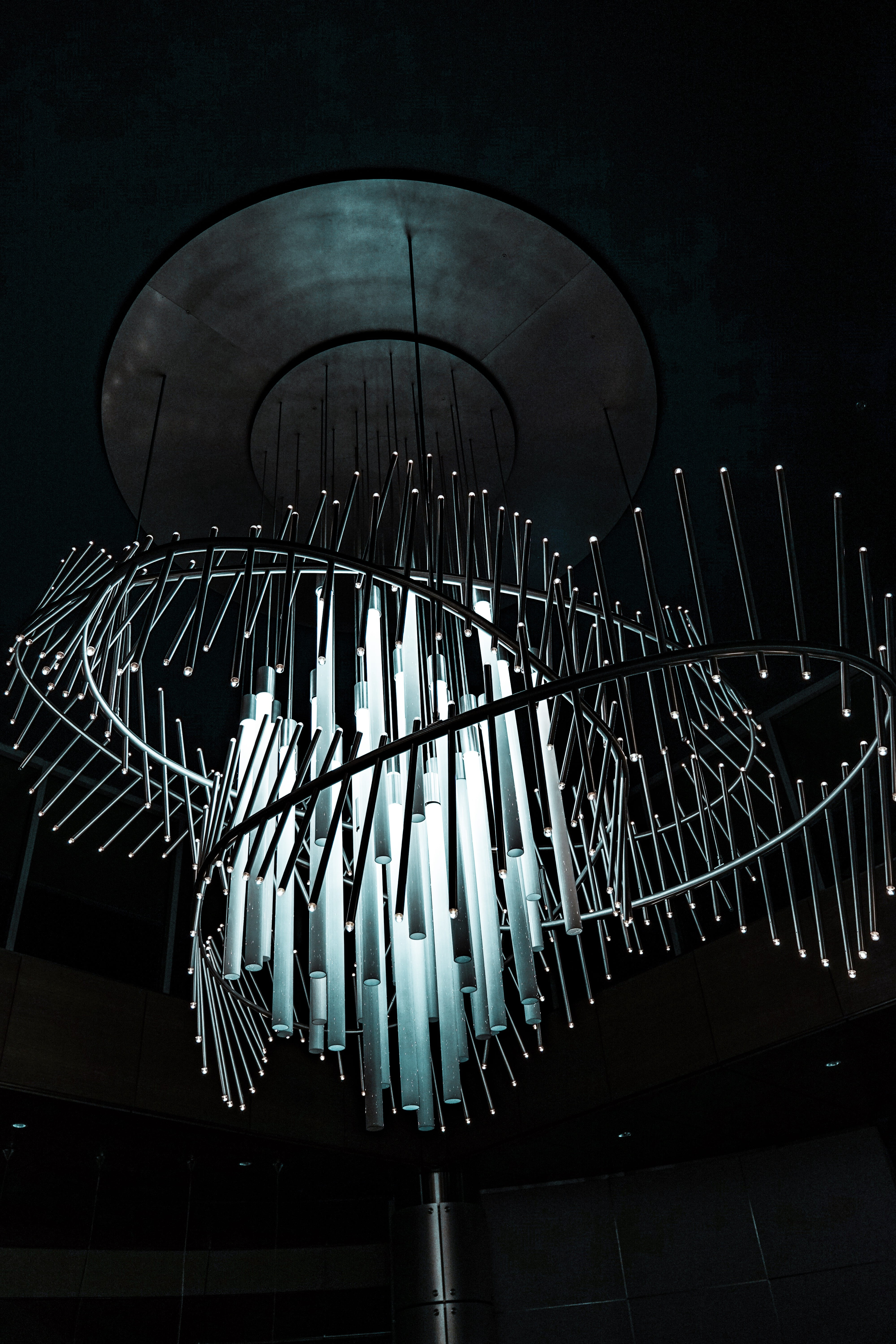 interior design, silhouette, water, metal, coil, night, crystal, lighting equipment, toy, music, banister, sky, handrail, fountain, musical instrument, Phone HD Wallpaper