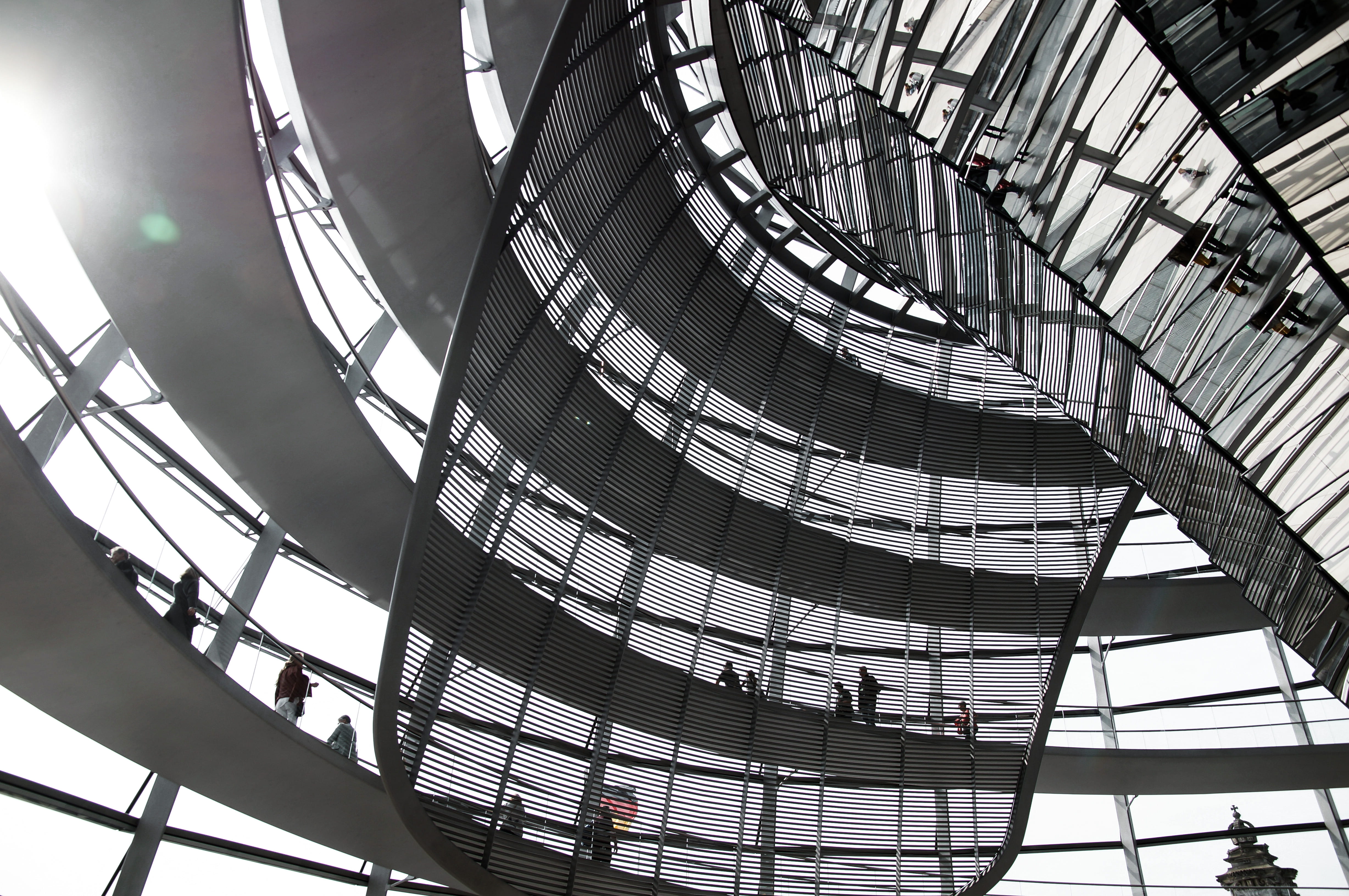 mono, architecture, built structure, skylight, black and white, travel, sky, bundestag, airport, steel, 4K, nature, modern, germany, handrail, human, triangle, HD Wallpaper