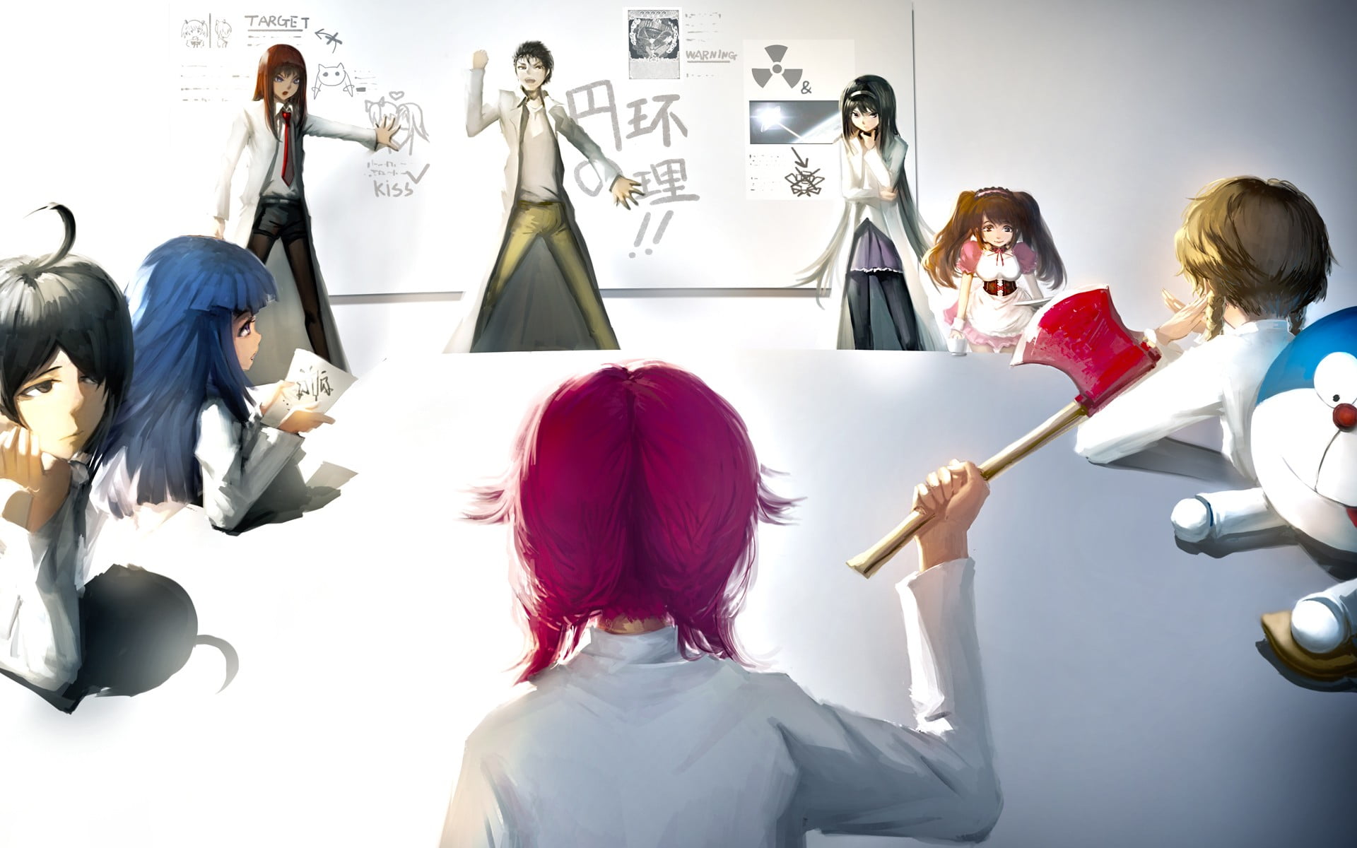 Kaname Madoka, adult, seat, choice, real people, young women, Kyuubey, Okabe Rintarou, indoors, Monogatari Series, young adult, Makise Kurisu, Asahina Mikuru, HD Wallpaper