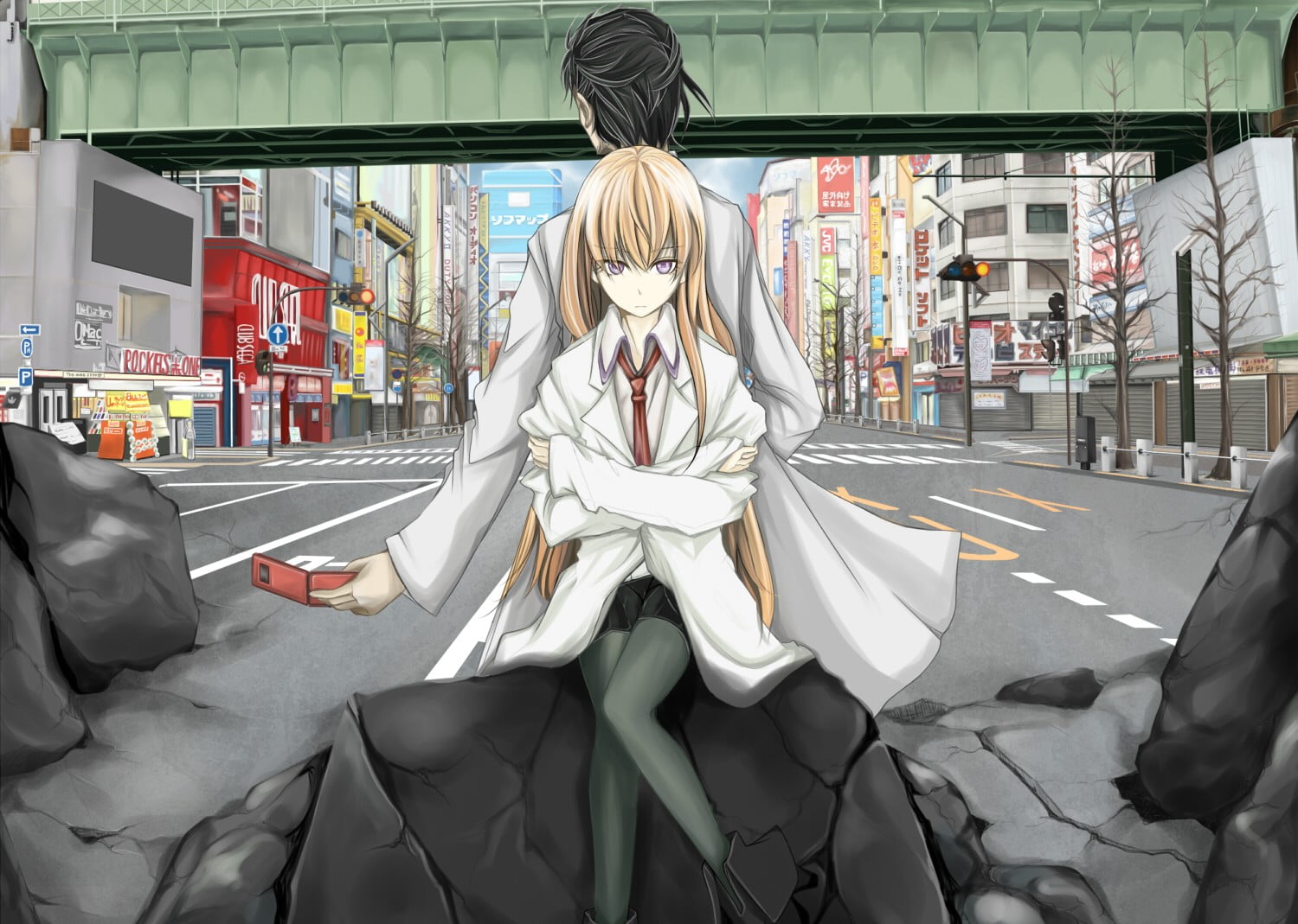 architecture, anime, incidental people, mode of transportation, day, rear view, street, adult, city, city life, Makise Kurisu, obscured face, occupation, HD Wallpaper