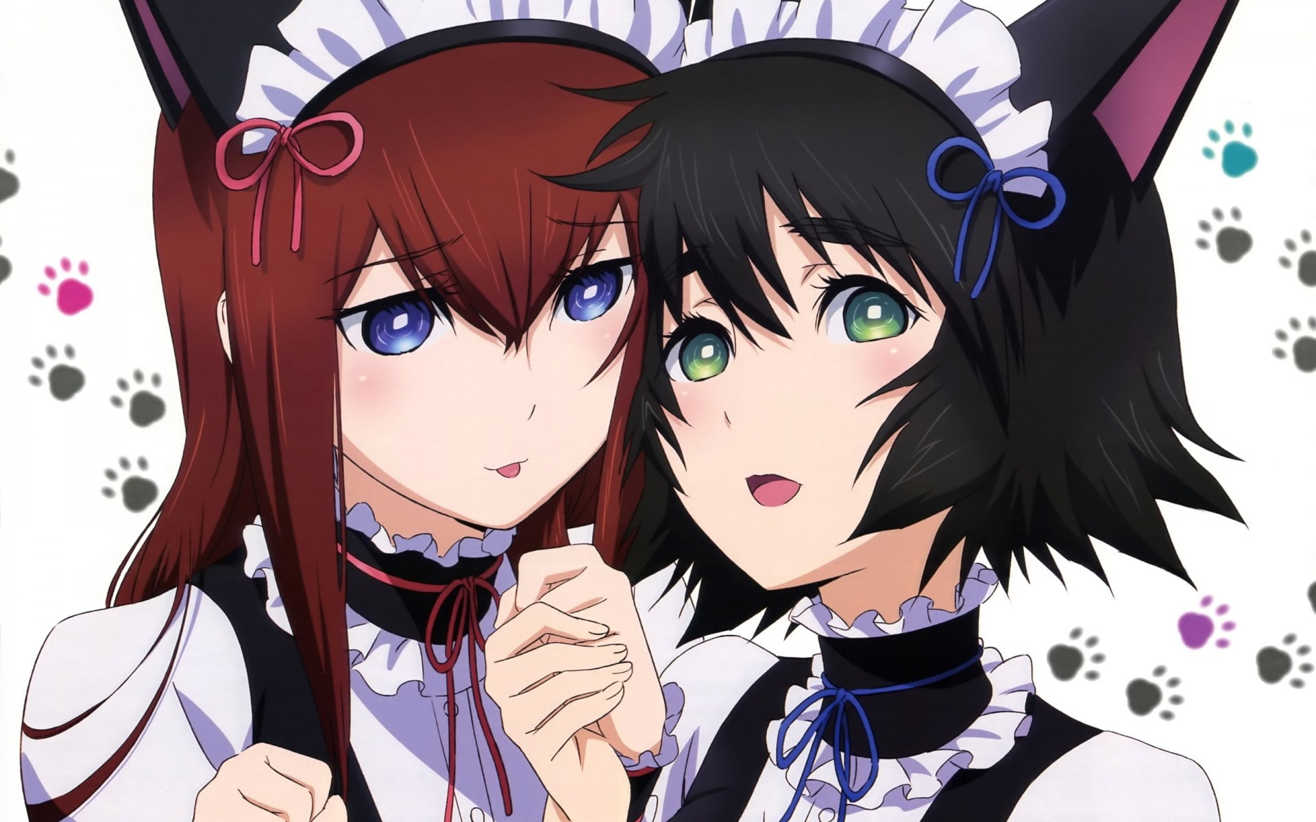 1080P, tie, anime girls, brunette, Makise Kurisu, Steins;Gate, Shiina Mayuri, white shirt, blue eyes, anime, maid outfit, redhead, HD Wallpaper