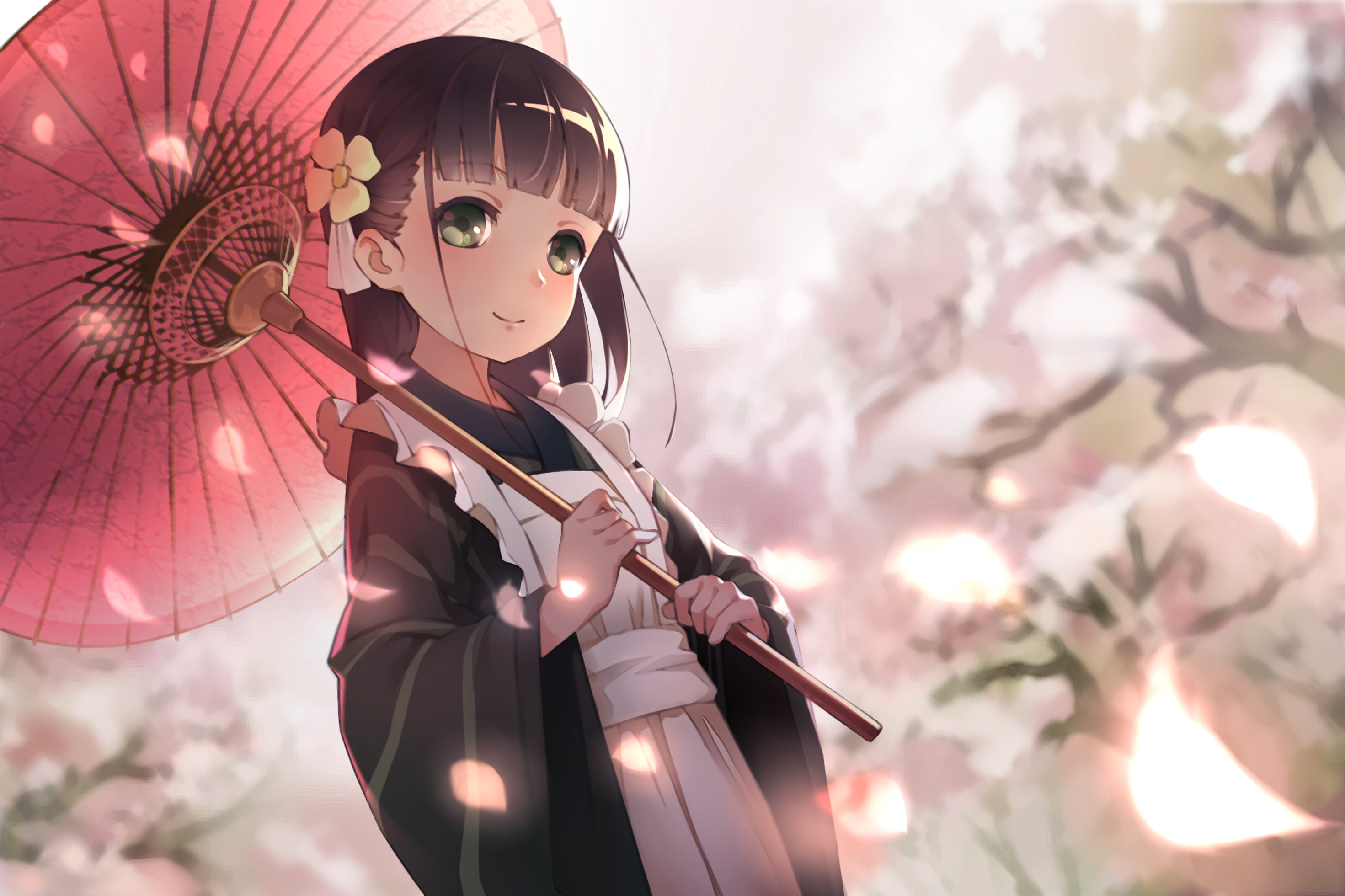 flowering plant, dark hair, flower, anime girls, yukata, beauty in nature, anime, weapon, 2K, plant, tree, umbrella, waist up, focus on foreground, outdoors, HD Wallpaper