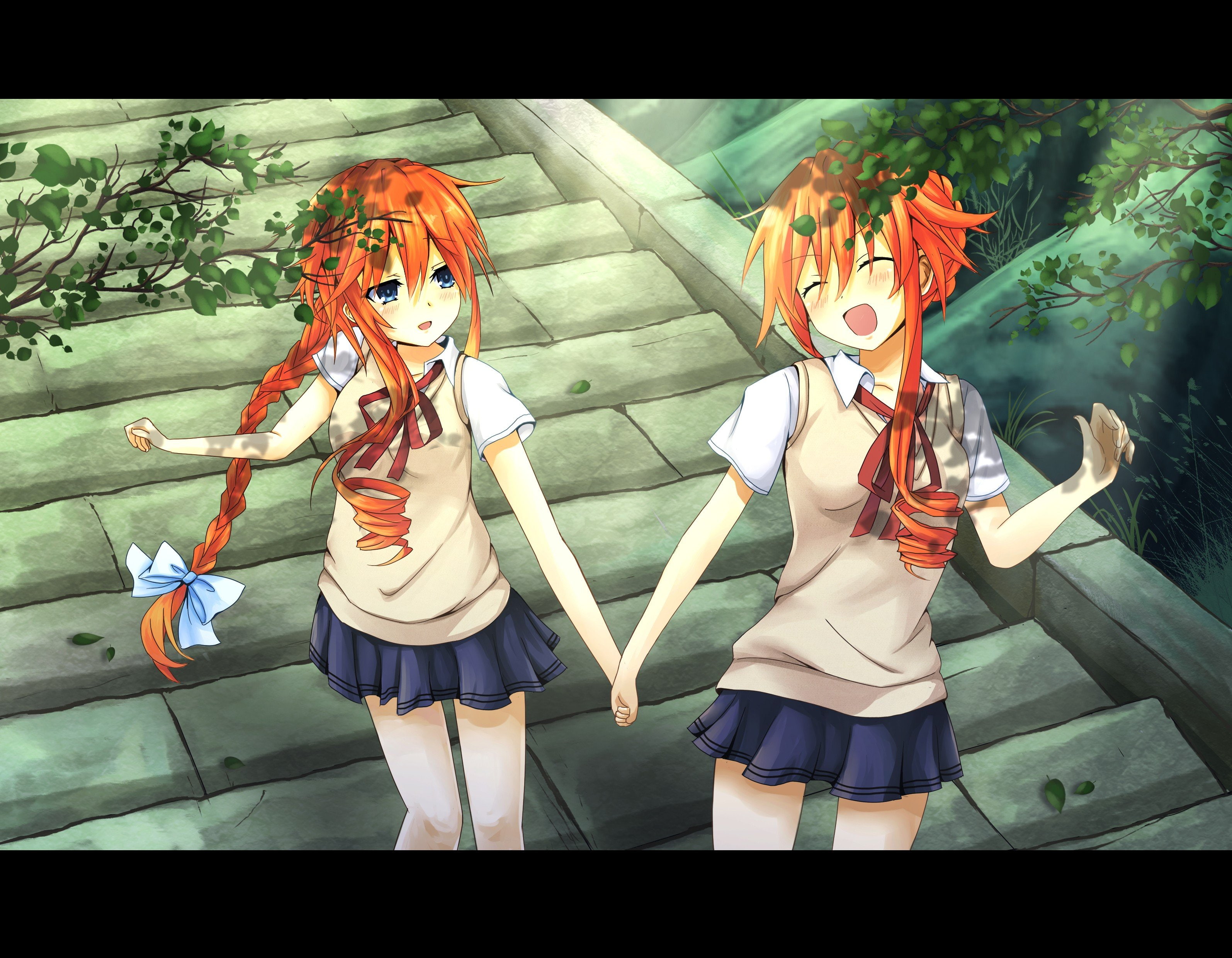 Yamai Kaguya, Twins, Skirt, schoolgirls, 2K, Yamai Yuzuru, School Uniform, Braids, Date A Live, Orange Hair, HD Wallpaper