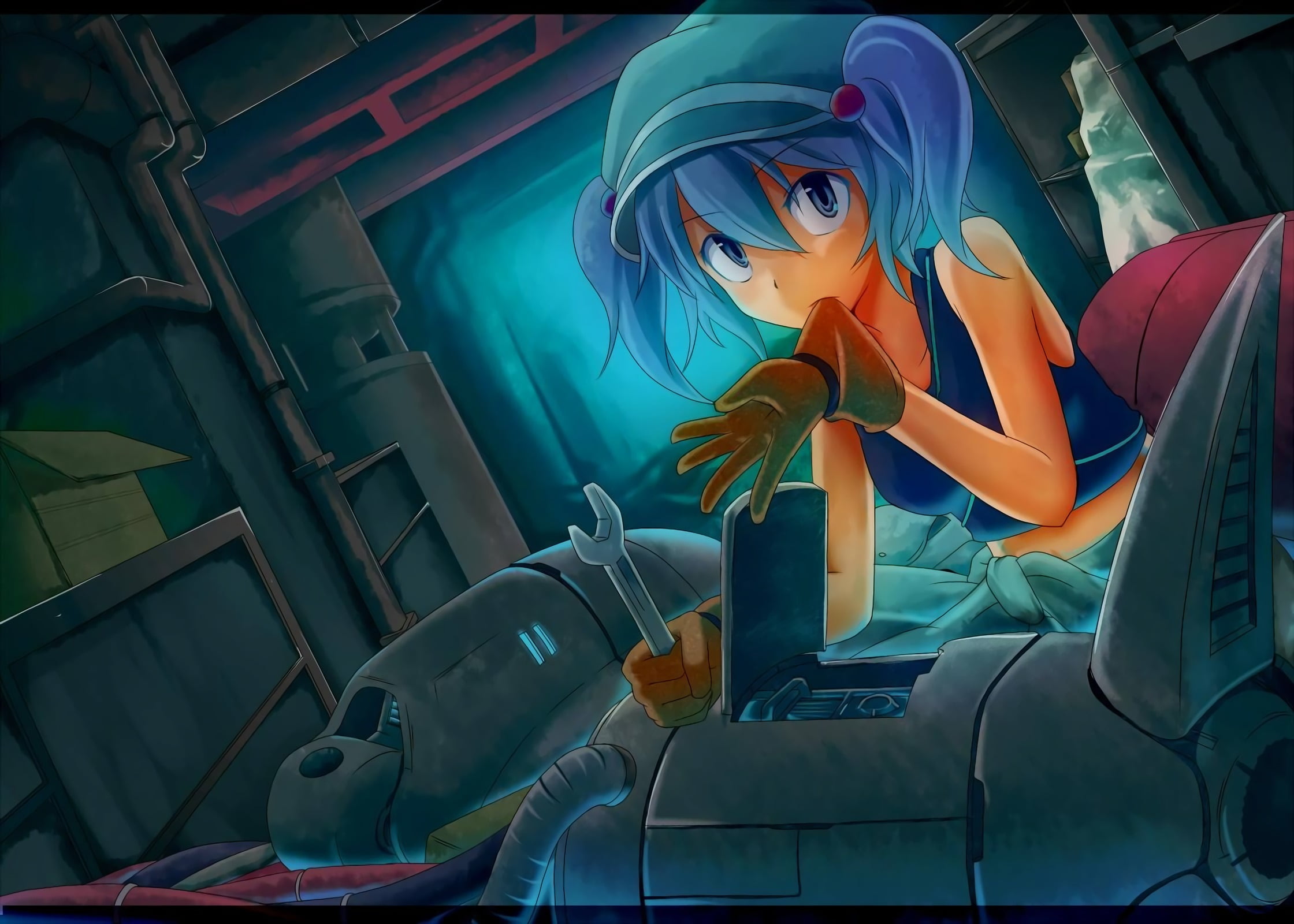 representation, gloves, seat, still life, blue hair, inflatable, machine, anime, aqua, Touhou, Kawashiro Nitori , large group of objects, messy, robot, HD Wallpaper