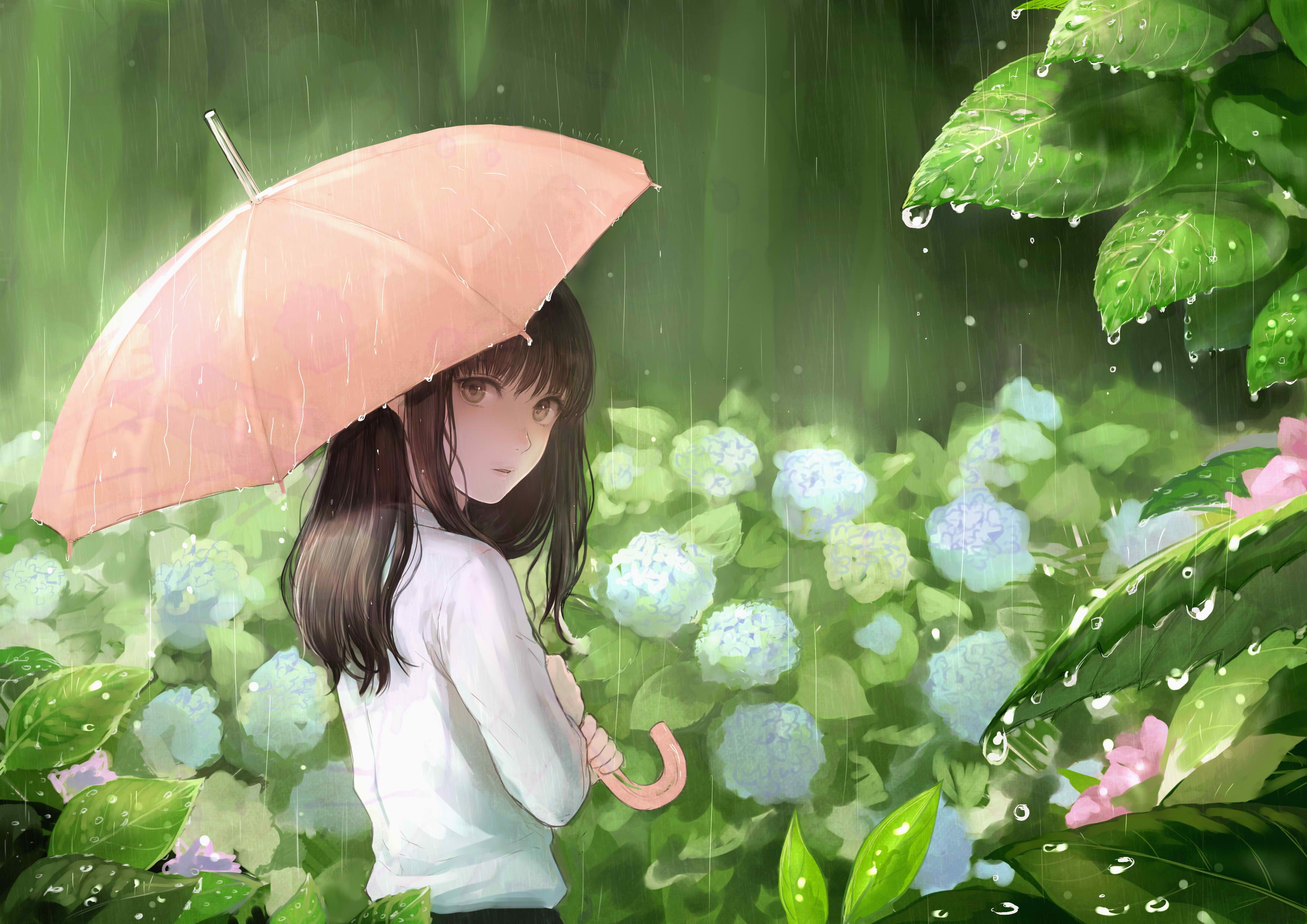 long hair, umbrella, original characters, white dress, anime girls, flowers, water drops, rain, 2K, Sankarea, water, anime, HD Wallpaper