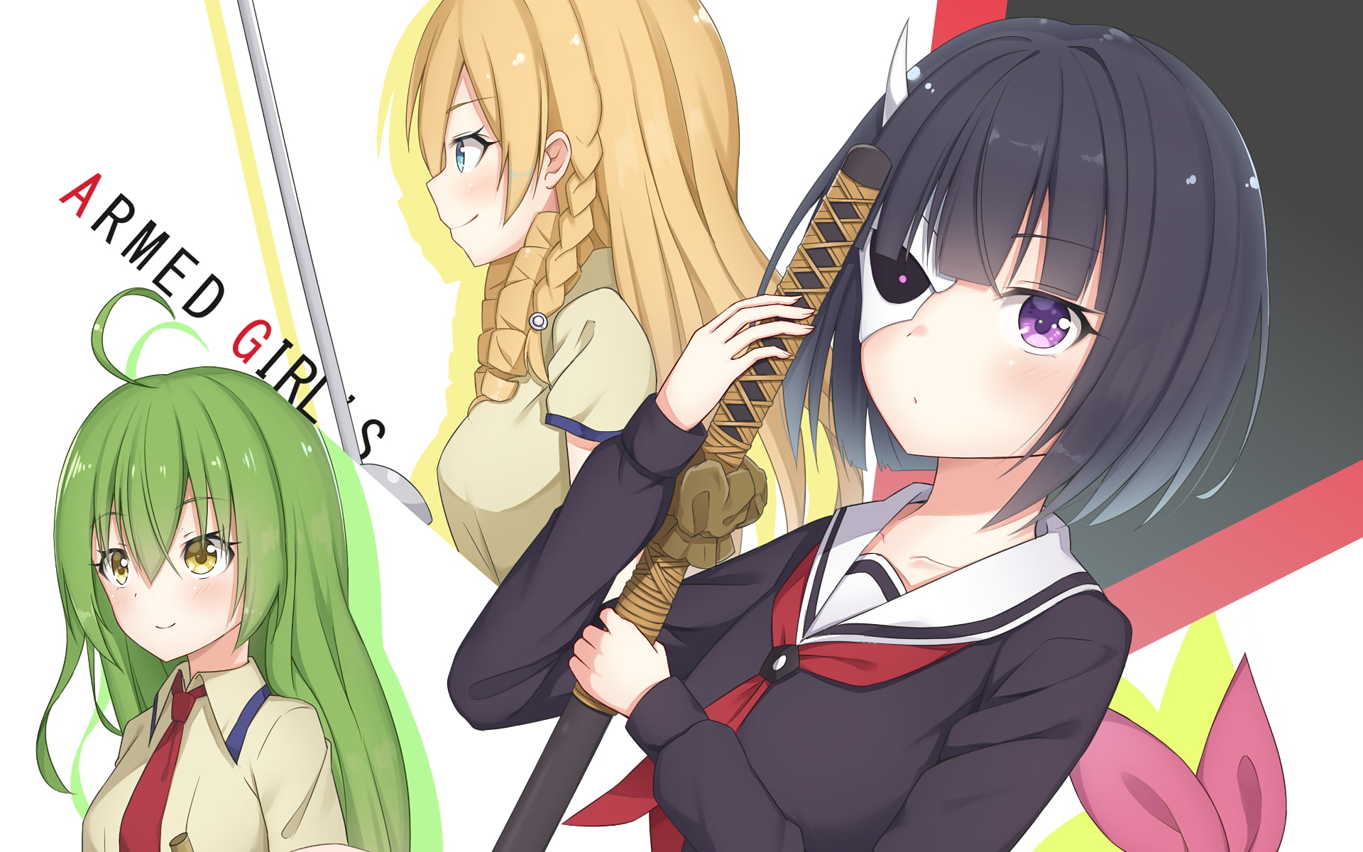 blonde, katana, Busou Shoujo Machiavellianism, Mary Kikakujou, school uniform, sword, Tamaba Satori, blue eyes, 1080P, long hair, smiling, anime girls, HD Wallpaper