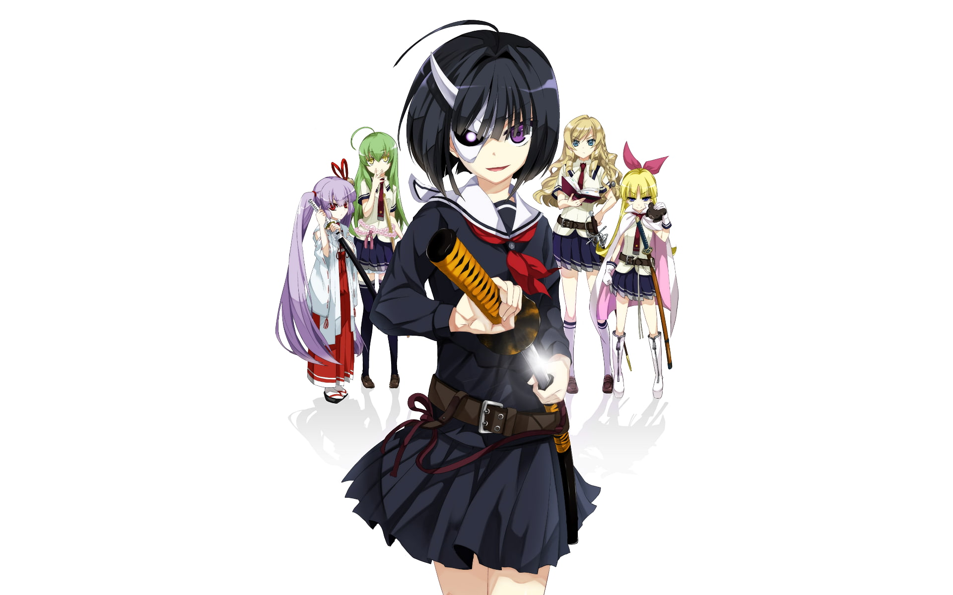 Chōka U Barazaki, 1080P, Onigawara Rin, Inaba Tsukuyo, katana, Tamaba Satori, Busou Shoujo Machiavellianism, anime girls, sword, simple background, Mary, HD Wallpaper