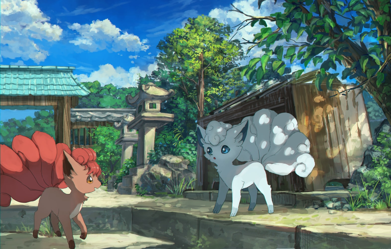 creativity, sunlight, outdoors, representation, statue, no people, built structure, shrine, 720P, pokemon, trees, scenic, sculpture, Anime, nature, human representation, HD Wallpaper