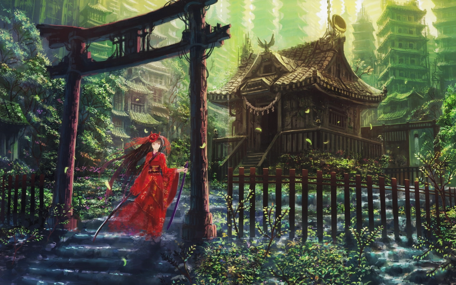 katana, hinomoto oniko, buildings, kimono, 1080P, shrine, Anime, artwork, HD Wallpaper