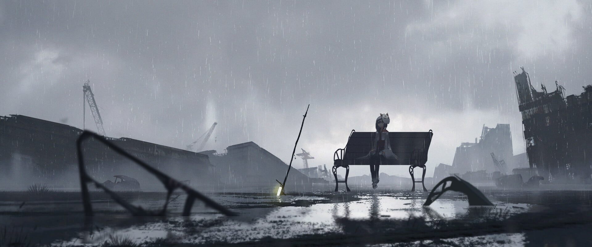 rain, bench, Astero, staff, women, cityscape, digital art, ruins, 1080P, HD Wallpaper