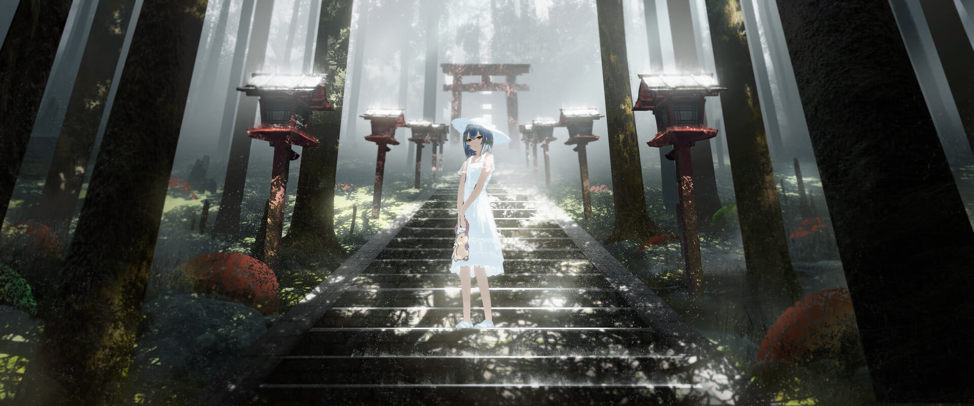digital art, forest, stairs, torii, Astero, lantern, 1080P, women, dress, HD Wallpaper