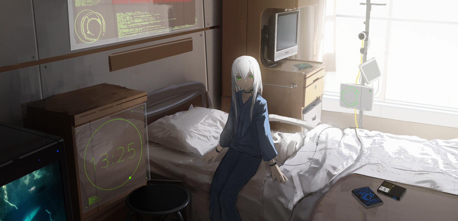 women, monitor, 1080P, science fiction, clocks, hospital, bed, Astero, digital art, HD Wallpaper