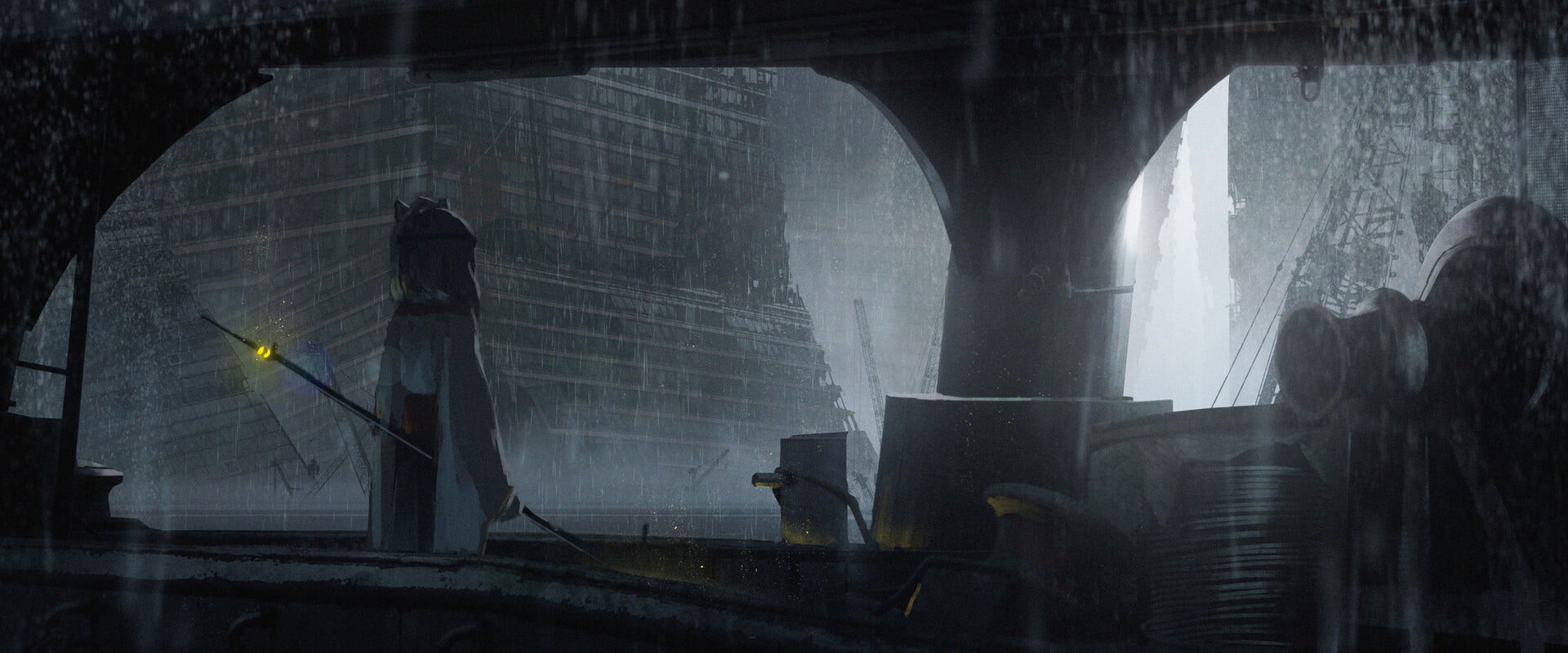 women, cityscape, rain, ruins, staff, 1080P, Astero, digital art, HD Wallpaper