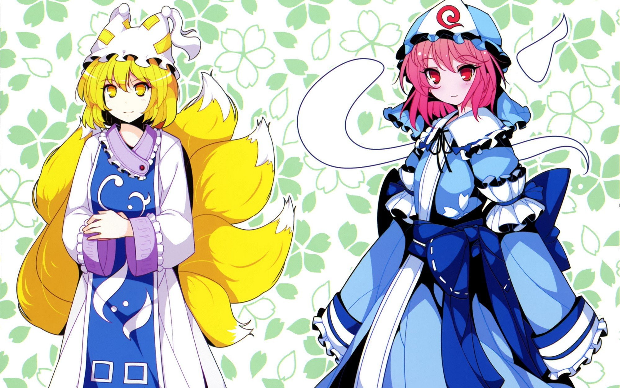 tabard, red, video, hair, flower, japanese, fox, girls, ears, anime, 1080P, ideolo, yellow, hats, tails, short, eyes, kitsunemimi, petals, touhou, ran, HD Wallpaper