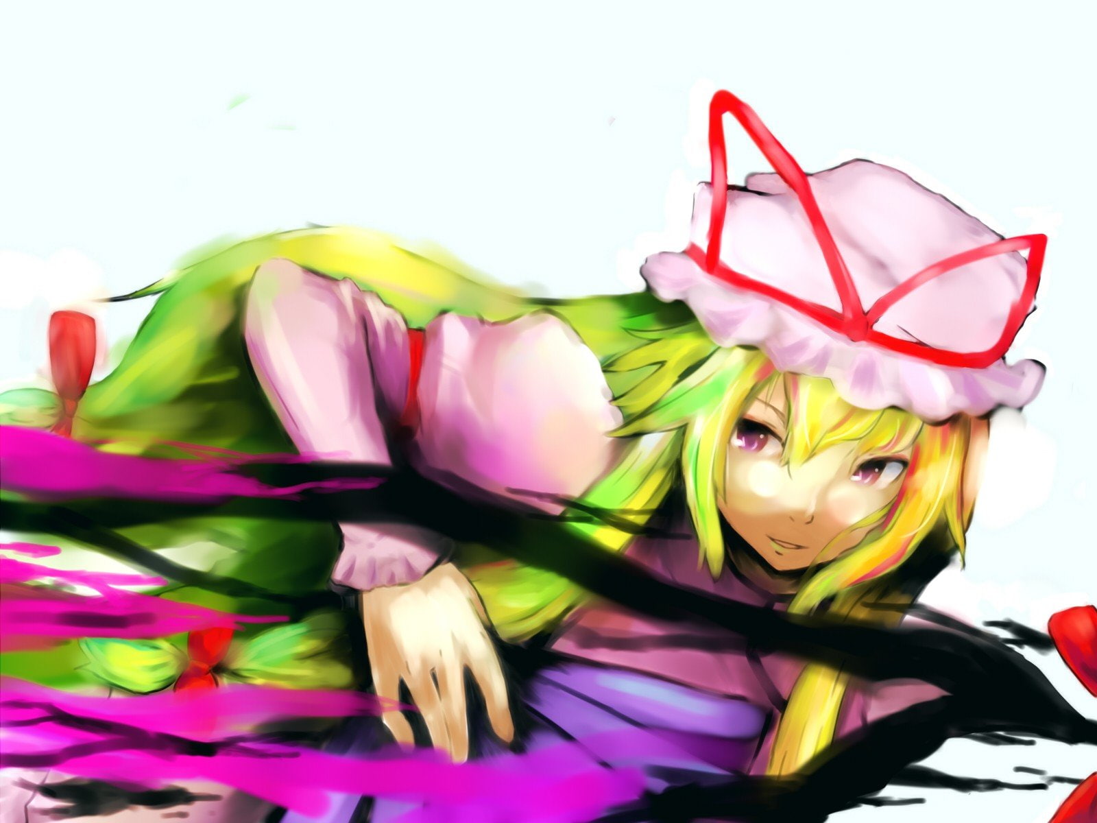 yukari, tabard, girls, blondes, bows, video, yakumo, hair, dress, hats, long, anime, 720P, touhou, games, HD Wallpaper