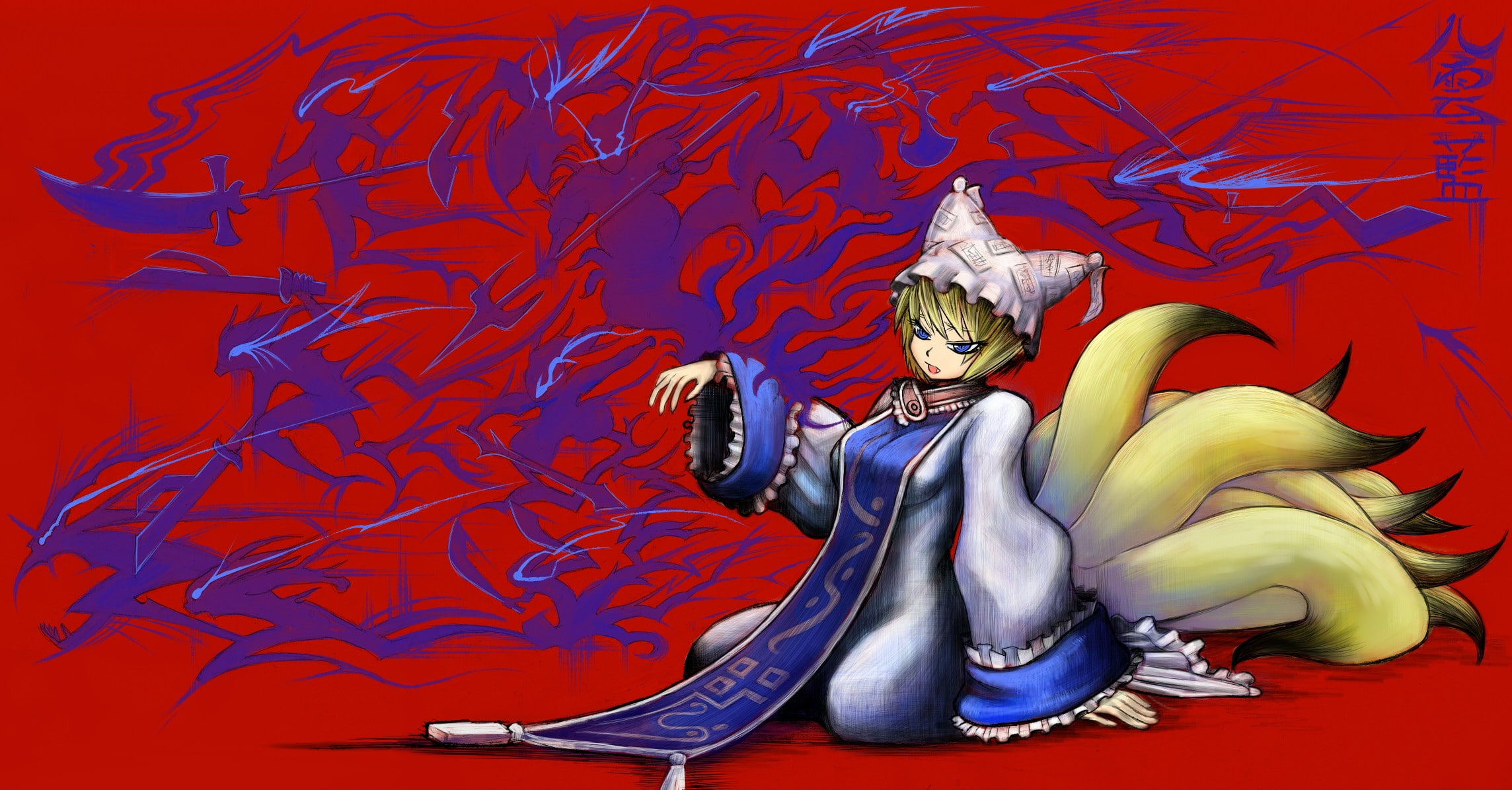 ears, games, fox, tails, yakumo, blondes, video, ran, touhou, anime, 1080P, tabard, animal, girls, HD Wallpaper