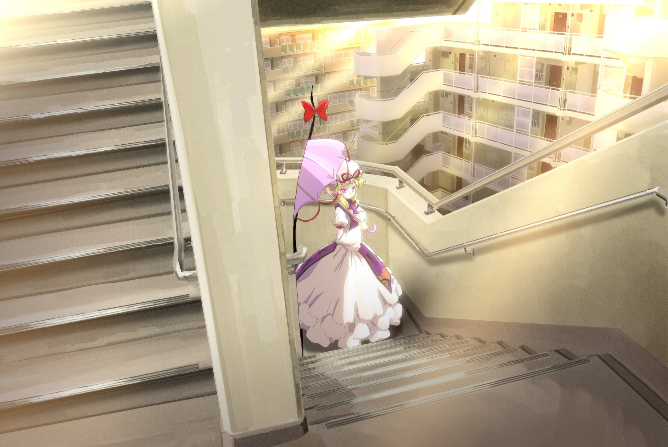 anime, video, stairways, games, blondes, yukari, umbrella, dress, tabard, bows, girls, art, 1080P, umbrellas, touhou, Video Games, hd, hats, yakumo, HD Wallpaper