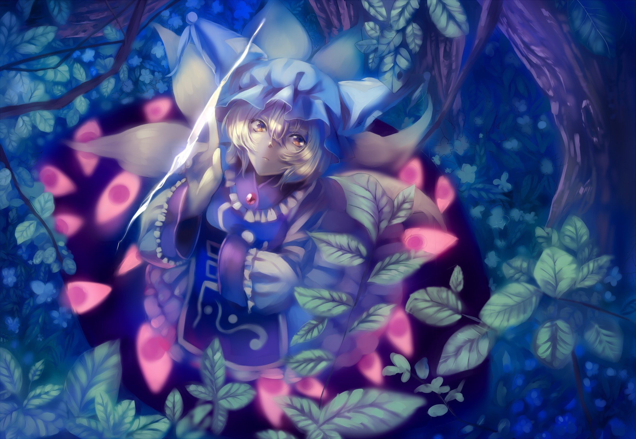 video, eyes, games, animal, nature, dress, hats, plants, anime, gap, tabard, bangs, short, yakumo, ran, trees, kitsunemimi, touhou, girls, hair, 1080P, HD Wallpaper