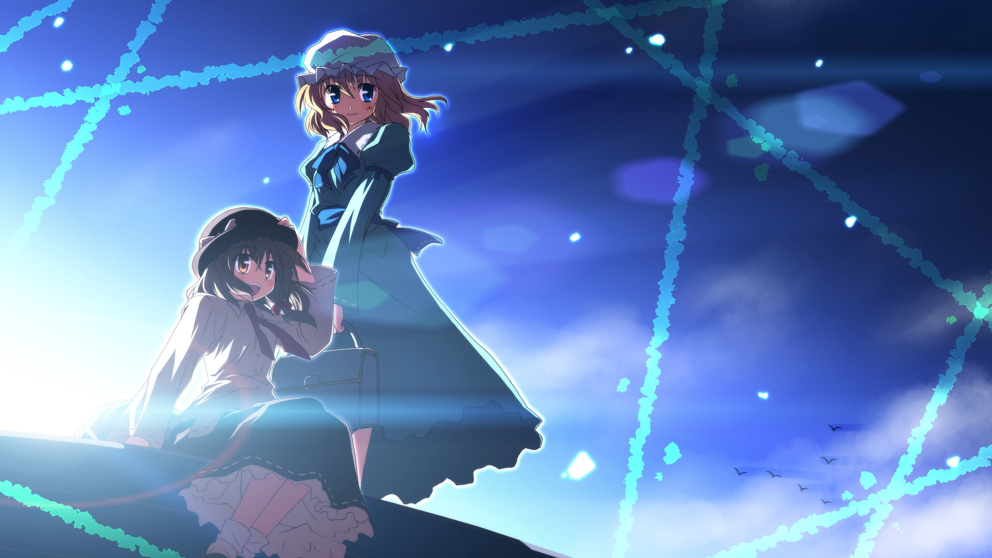 sky, young women, females, Maribel Han, women, nature, low angle view, anime girls, three quarter length, outdoors, Usami Renko, Touhou, young adult, blue, HD Wallpaper