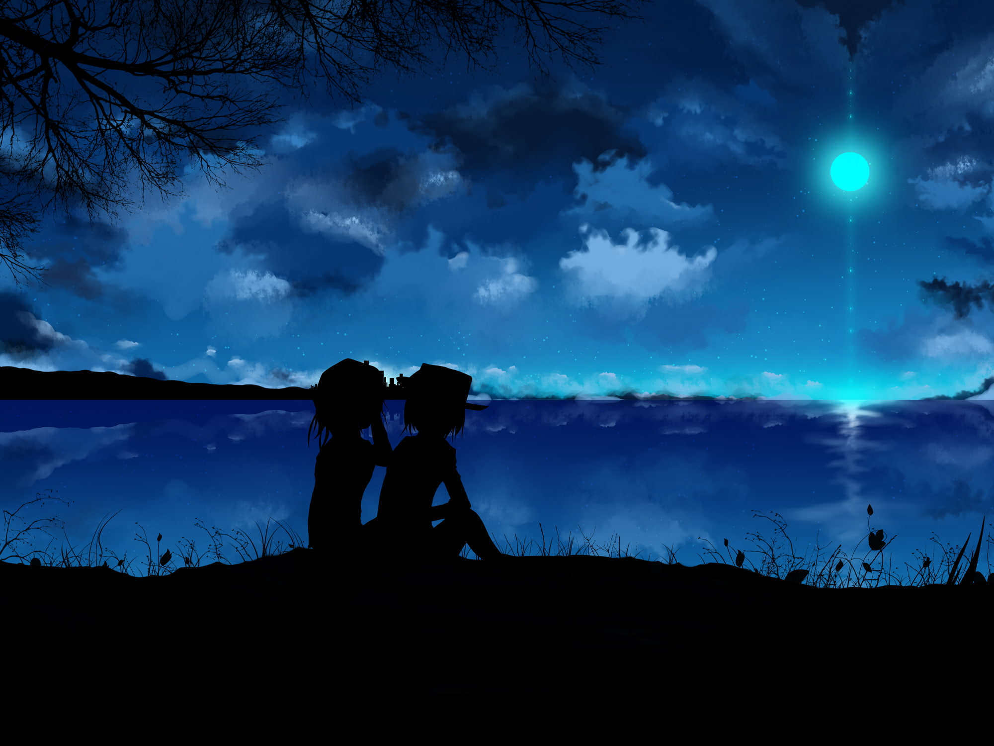 city, dawn, stars, touhou, hearn, sky, hair, short, usami, maribel, clouds, moon, dark, girls, scenic, 1080P, renko, hat, grass, dusk, flowers, tree, HD Wallpaper