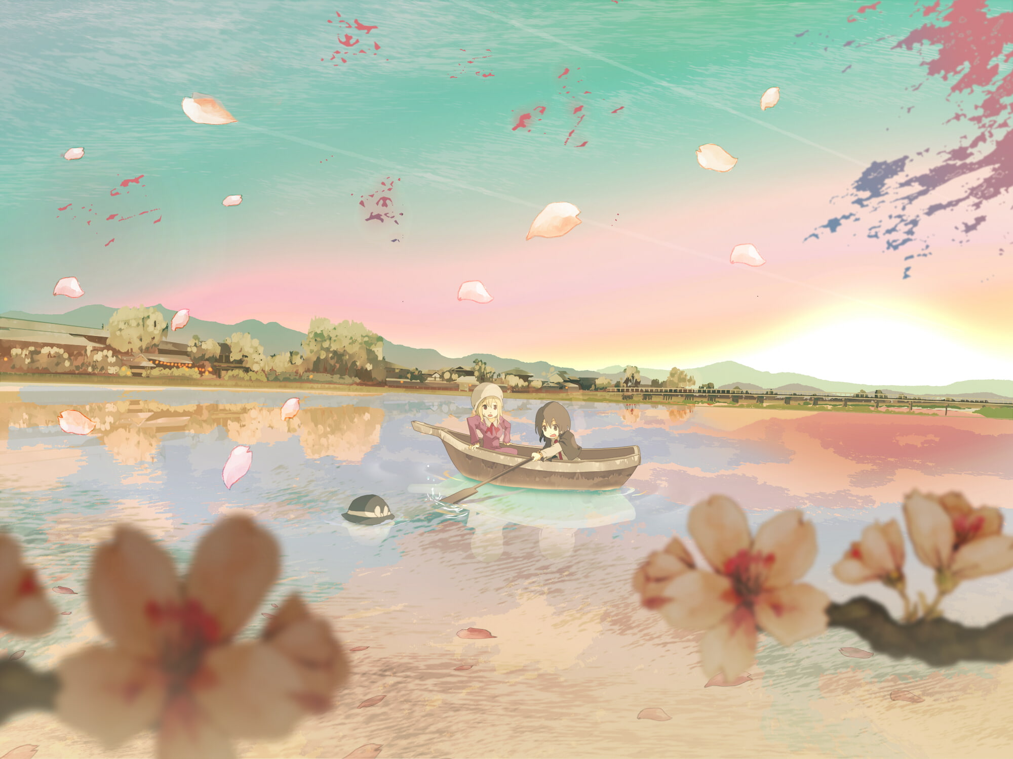 blossoms, renko, cherry, han, usami, 1080P, touhou, boat, hmmuk, hat, maribel, shinta, petals, water, HD Wallpaper