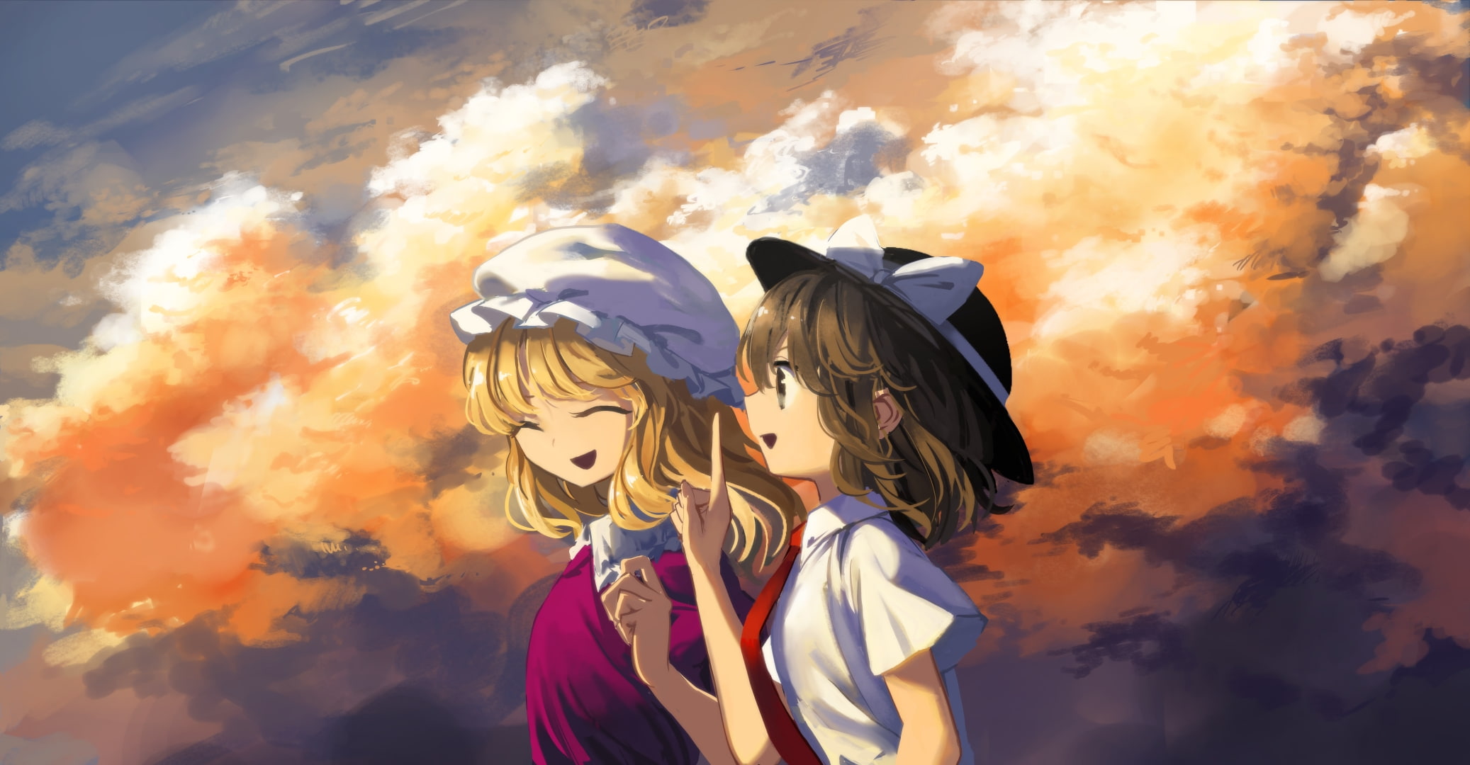 art and craft, lifestyles, human representation, orange color, no people, sunset, maribel han, usami renko, clothing, Anime, smiling, clouds, profile view, HD Wallpaper