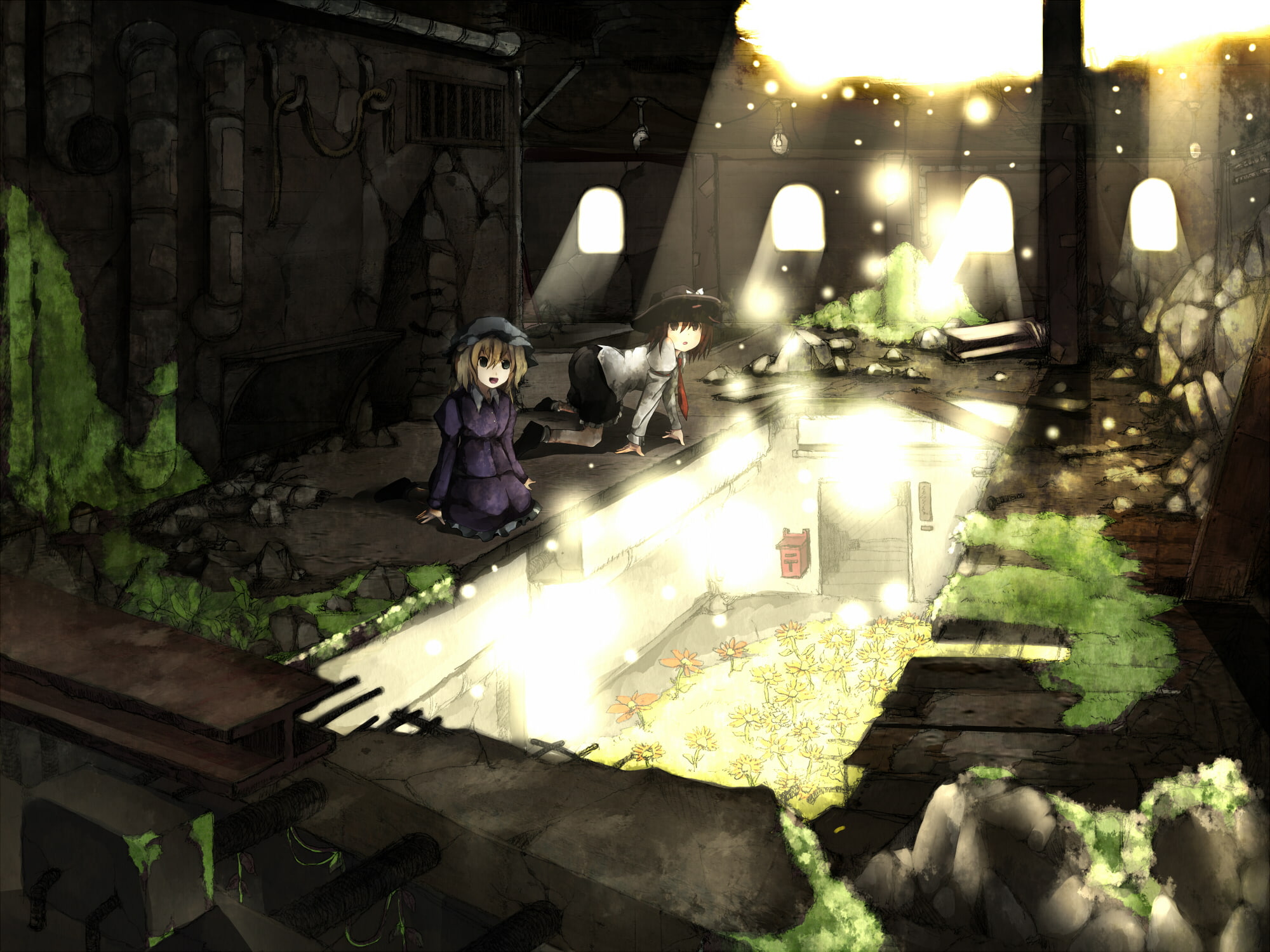 hearn, hmmuk, hat, 1080P, renko, touhou, scenic, brown, flowers, ruins, dress, eyes, usami, tie, hair, maribel, shinta, blonde, green, HD Wallpaper