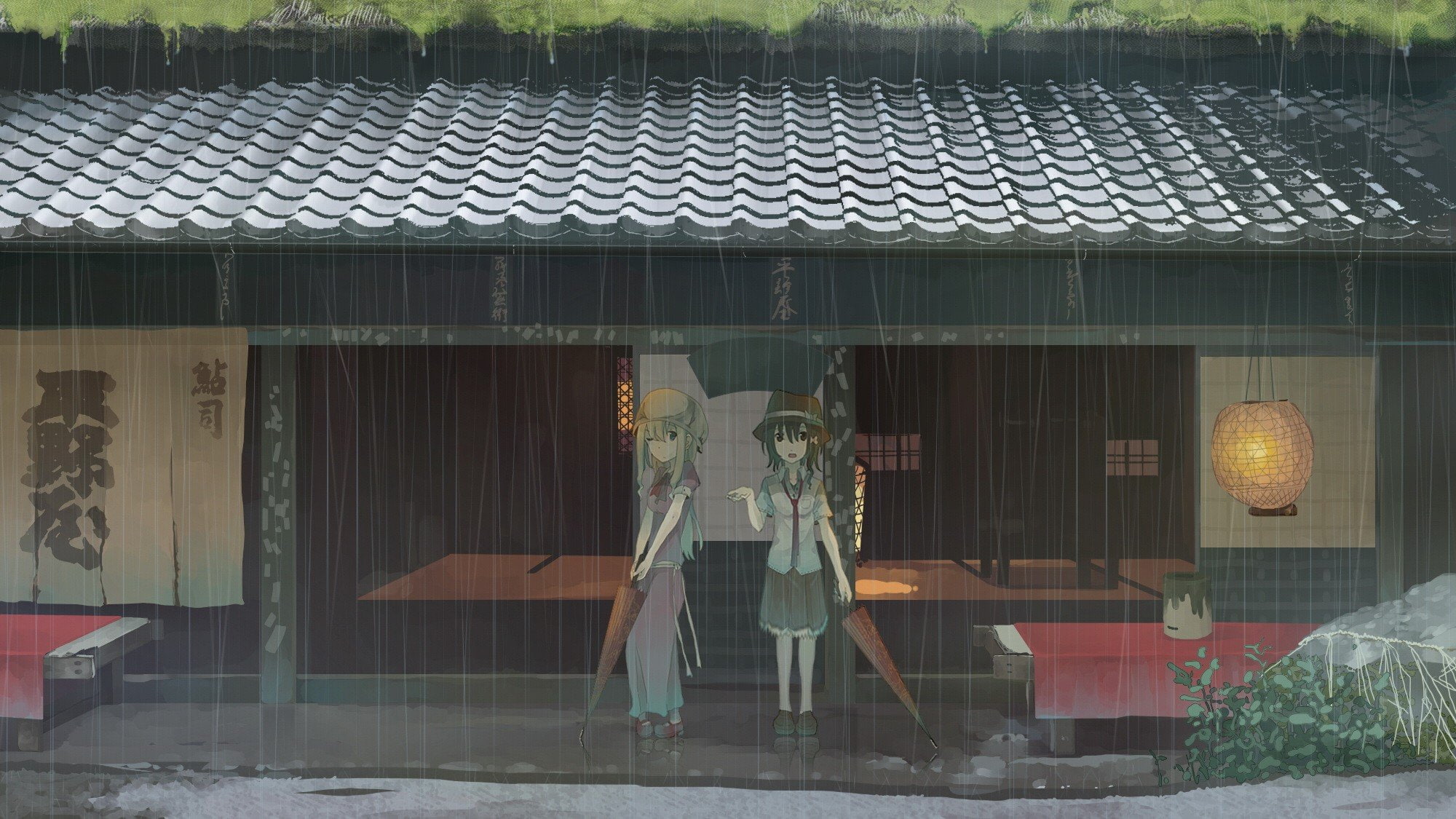 wink, eyes, renko, umbrellas, dress, brunettes, maribel, video, plants, 1080P, tokoroten, reflections, blondes, tie, touhou, blue, short, drops, outdoors, HD Wallpaper