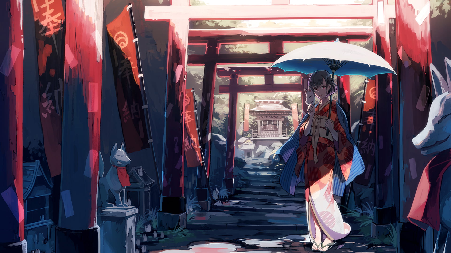 1080P, statue, anime girls, torii, Japan, Japanese characters, red, HD Wallpaper