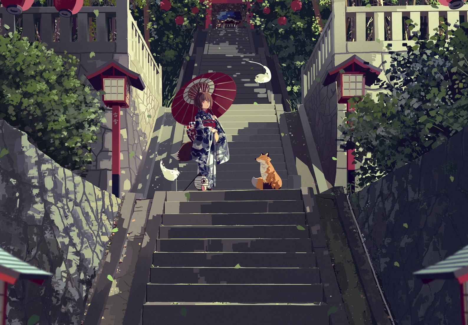 fox, clothes, short, eyes, 720P, foxgirl, original, brown, umbrella, 255225, com, stairs, koyuki, japanese, orange, hair, animal, torii, ekaki, konachan, HD Wallpaper