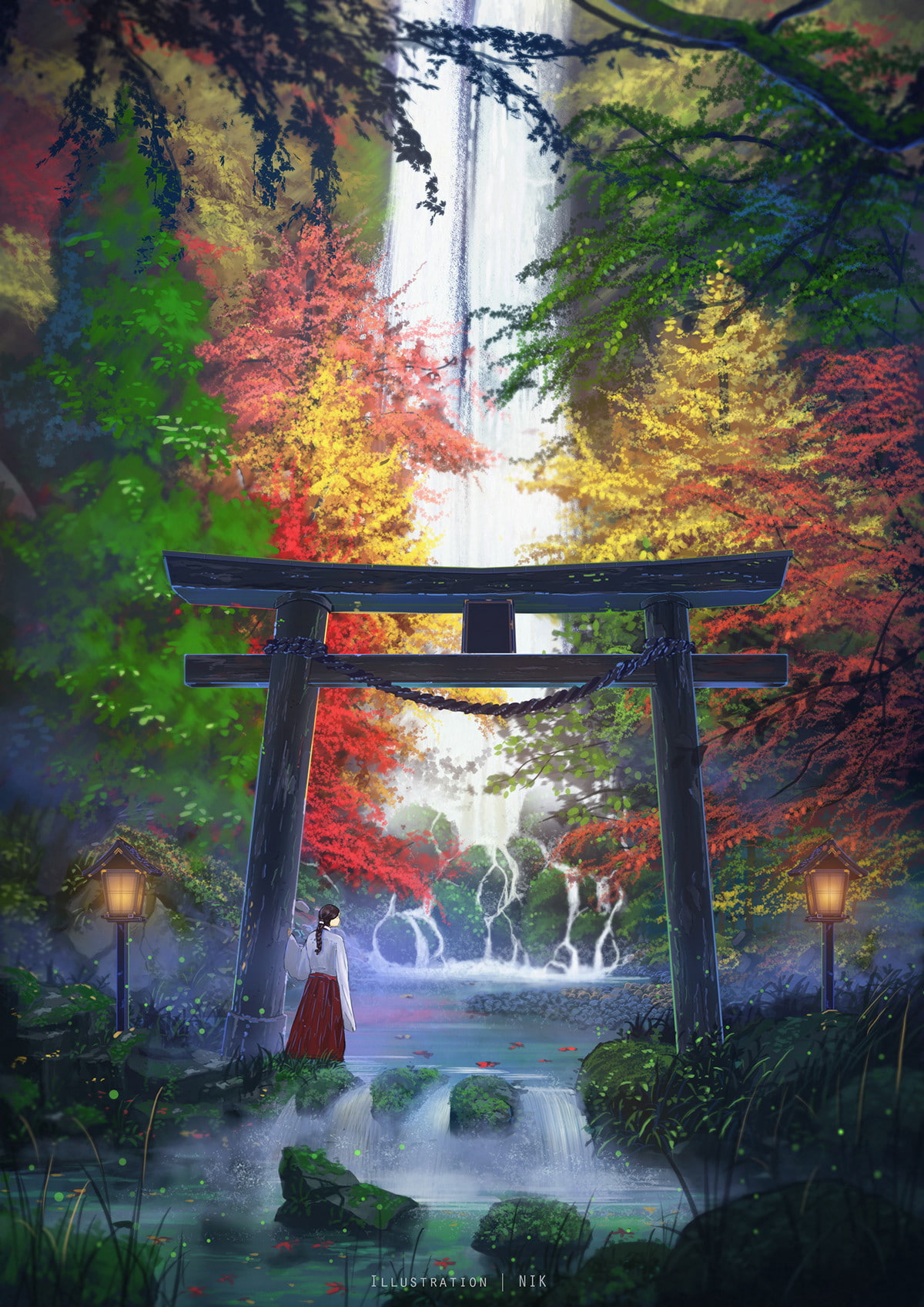 artwork, Lamp, Fall, digital art, illustration, waterfall, women, Trees, 720P, Stream, Portrait Display, drawing, Stones, Torii, Japanese, Colorful, Phone HD Wallpaper