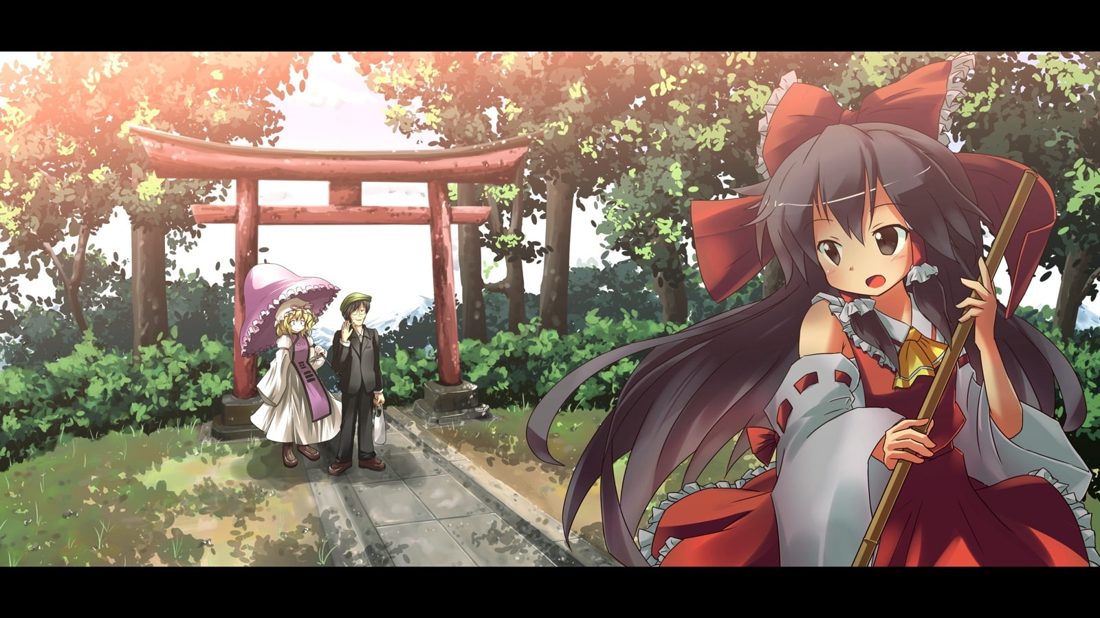 tree, hat, male, skirt, dress, com, 720P, zun, miko, bow, konachan, brown, eyes, umbrella, torii, 242910, touhou, ryougo, grass, scenic, glasses, long, HD Wallpaper