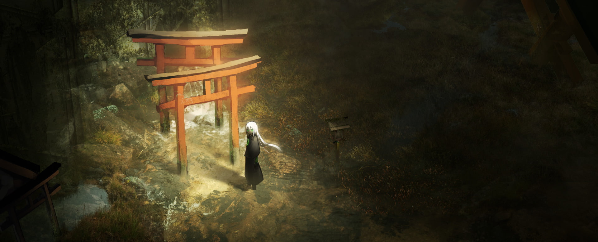 tree, nature, Girl, no people, religion, Torii, water, 1080P, tranquility, animal wildlife, mystery, Original, animal, outdoors, illuminated, high angle view, HD Wallpaper