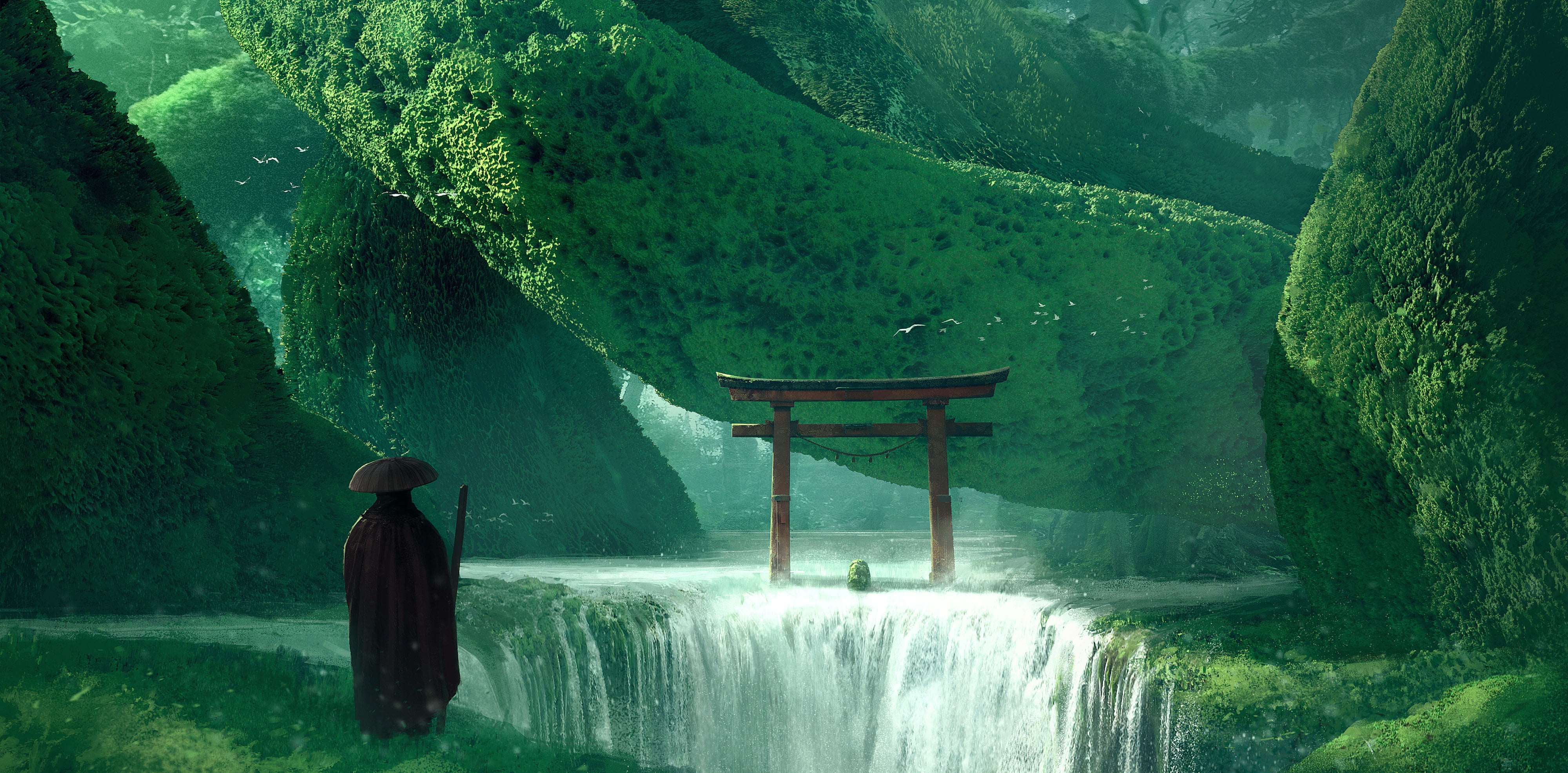 artwork, green, nature, torii, 4K, waterfall, fantasy art, Asia, HD Wallpaper