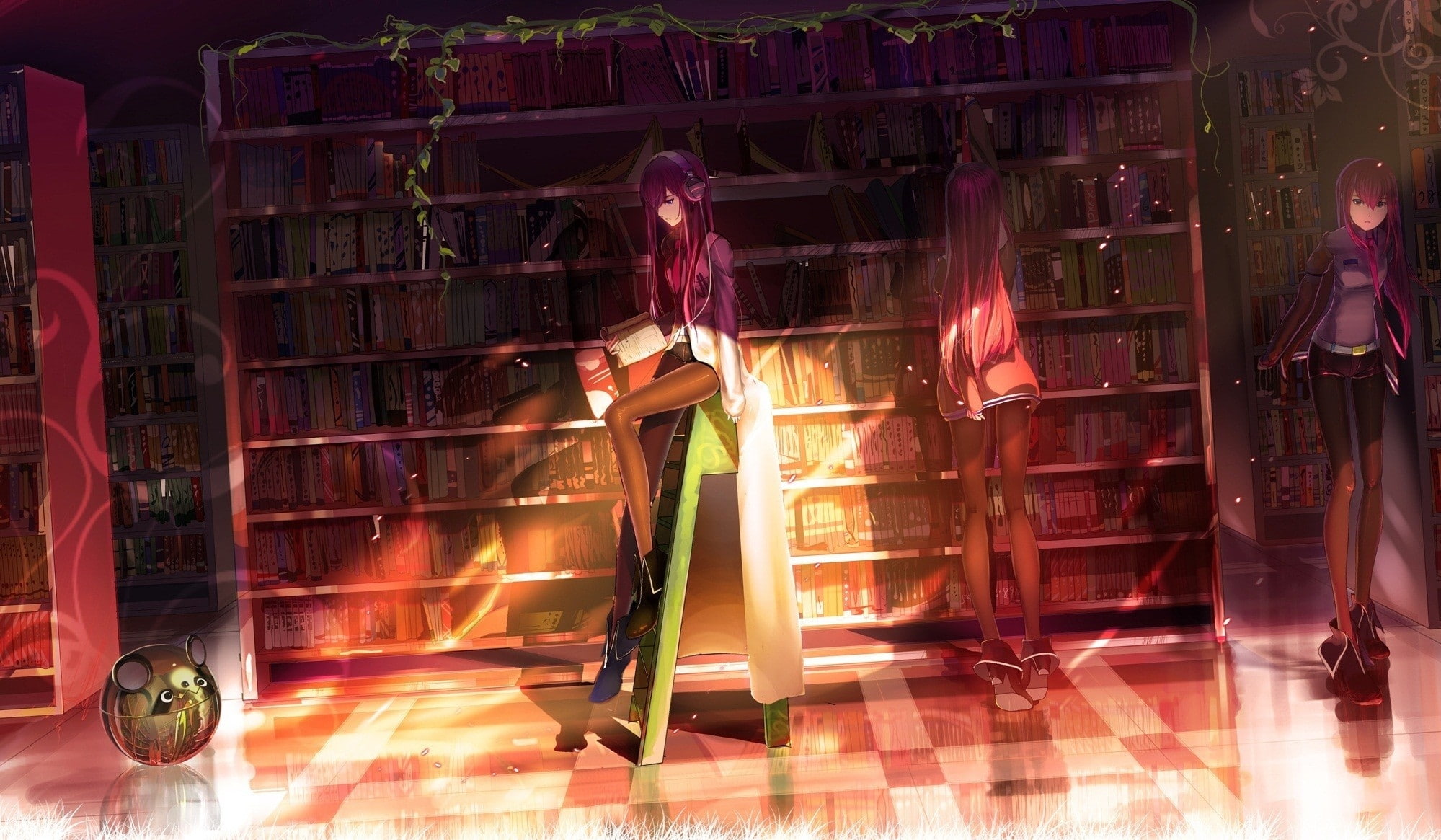 girl, steinsgate, hot, anime, kurisu, l, bookshelf, headphones, hd, makise, art, books, tights, redheads, 1080P, library, HD Wallpaper