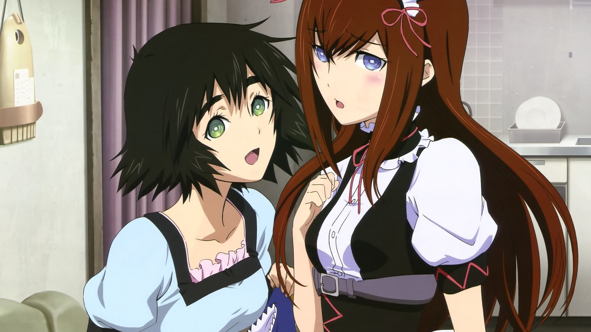 real people, portrait, leisure activity, mirror, reflection, anime anime girls steinsgate redhead makise kurisu white shirt tie blue eyes shiina mayuri maid outfit brunette, HD Wallpaper