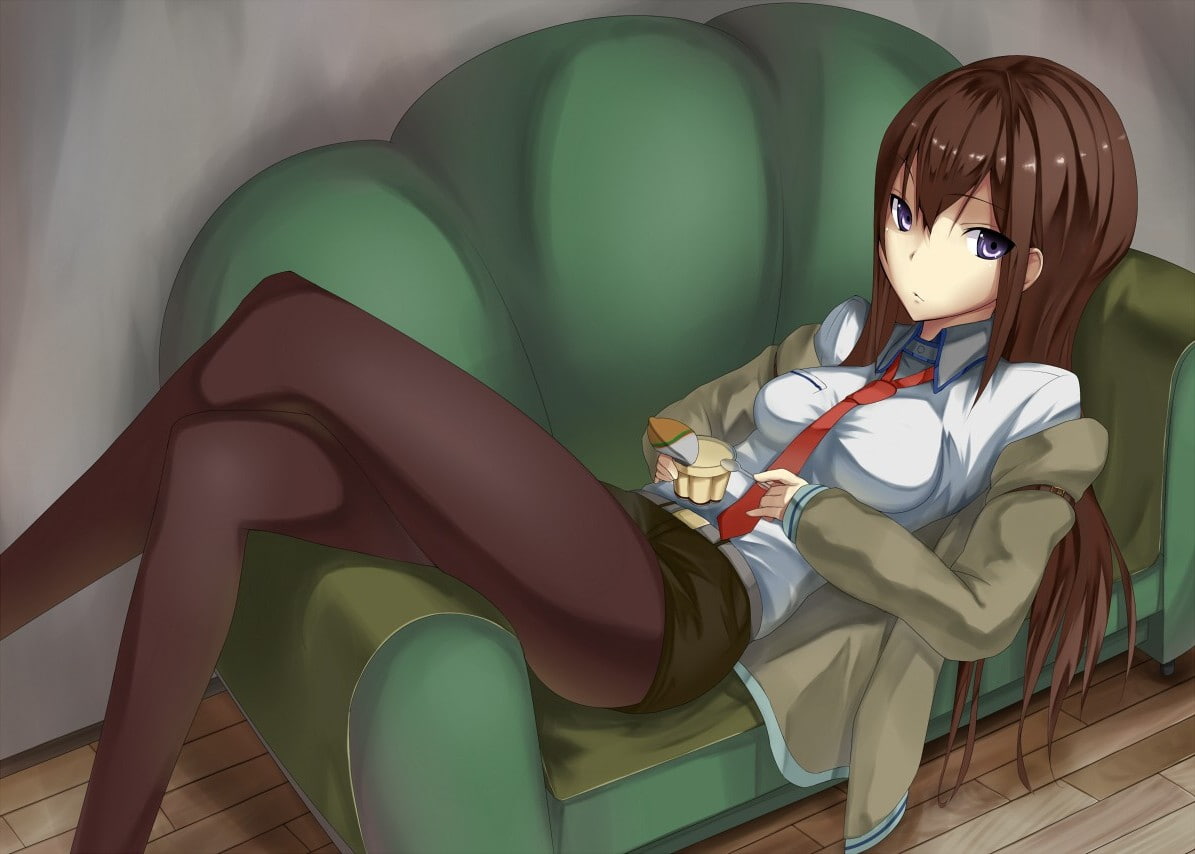 seat, furniture, one person, human representation, green color, multi colored, home interior, real people, hairstyle, 480P, women, indoors, anime anime girls steinsgate makise kurisu, HD Wallpaper