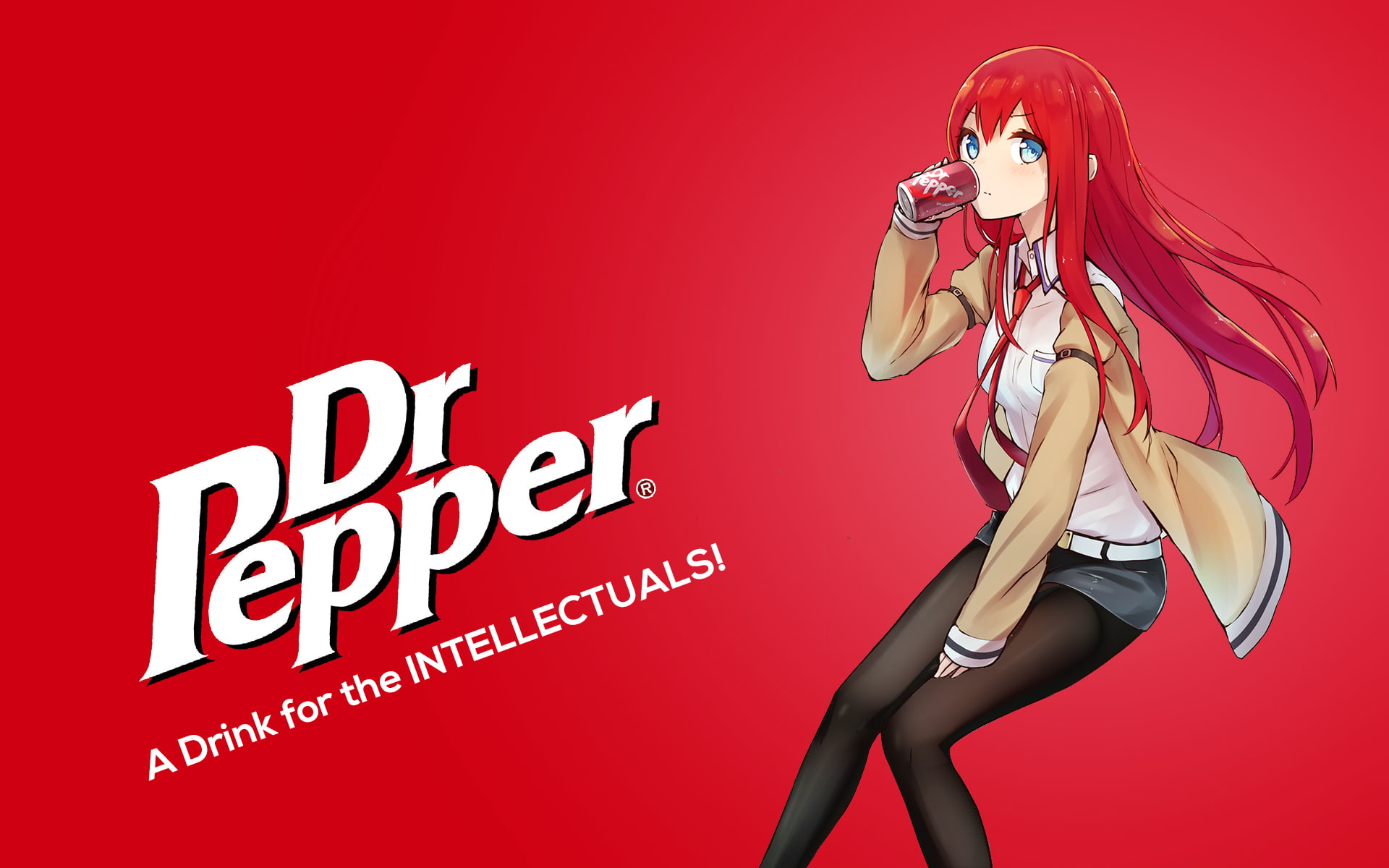 girl, art, ninnzinn, makise kurisu, look, steins;gate, 1080P, sitting, blush, red, Dr. pepper, background, anime, drink, HD Wallpaper
