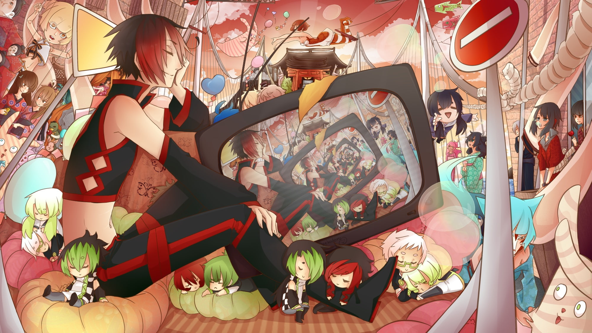 red, egao, chibi, pink, youe, lin, kai, sleeping, aqua, nekodoru, yukata, kuri, bubbles, shizu, utau, group, gray, kim, 1080P, nero, signed, hair, HD Wallpaper