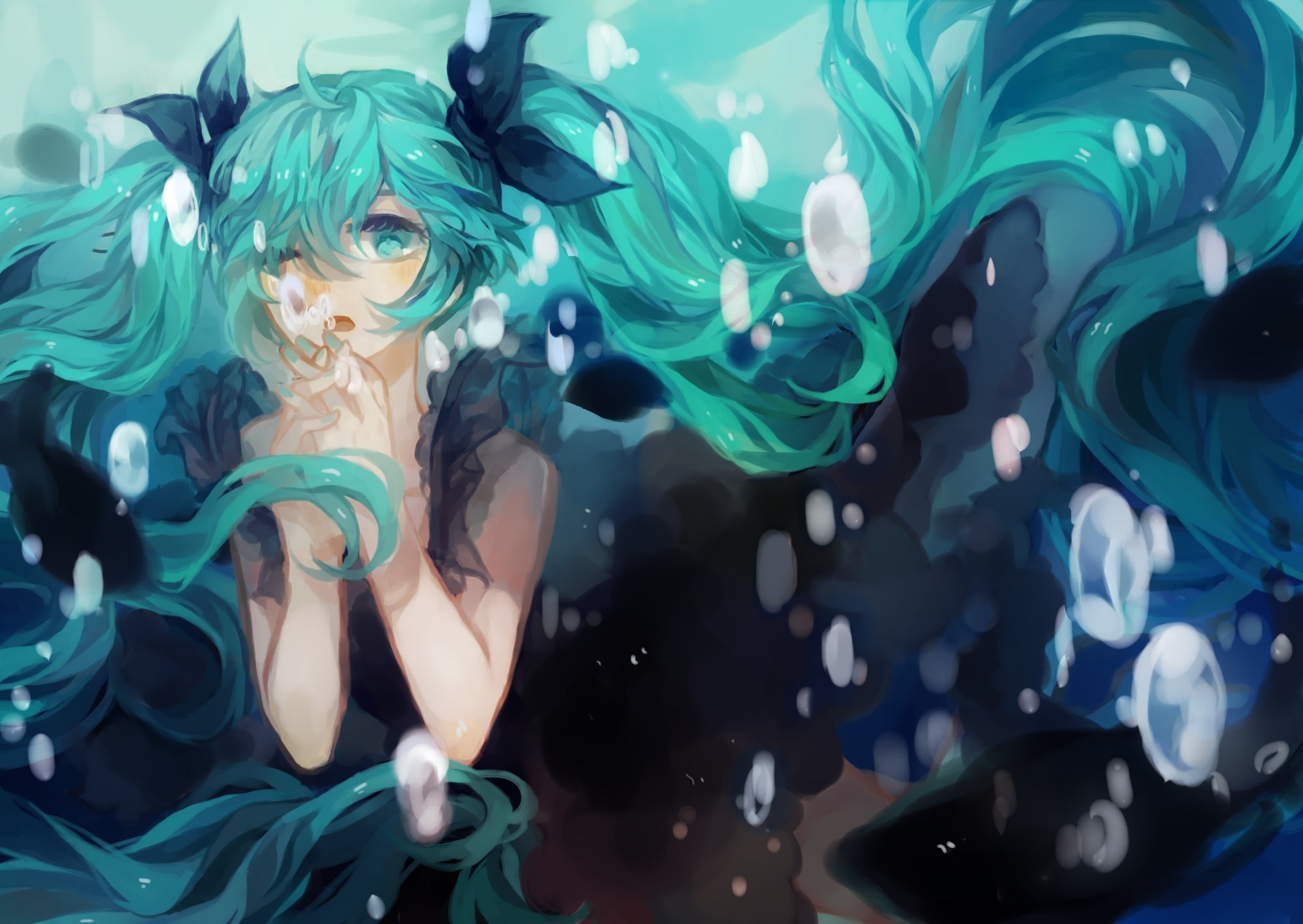 bubbles, 1080P, bows, under water, girl, kury, hatsune miku, art, anime, lys0627, vocaloid, HD Wallpaper