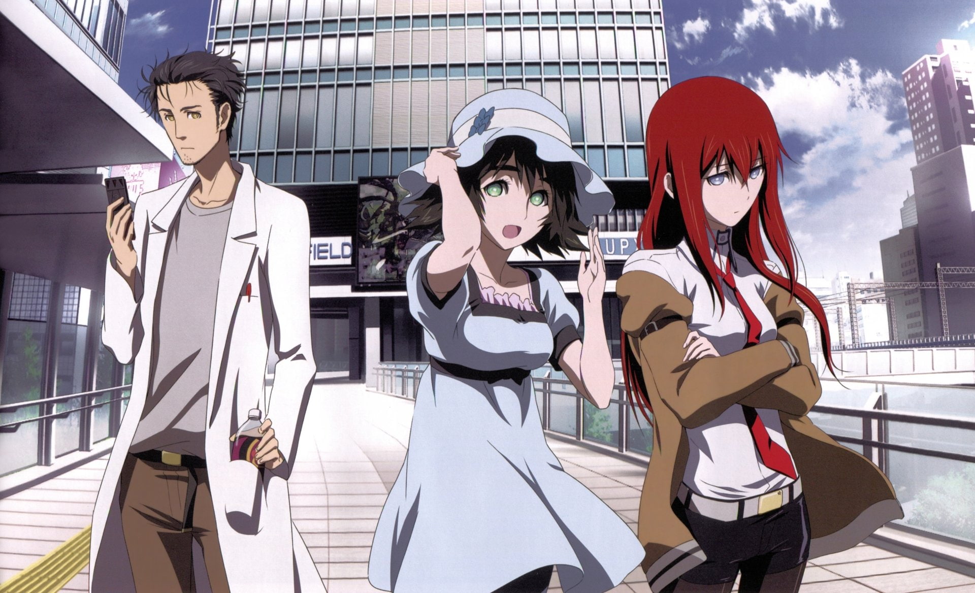 outdoors, portrait, Rintaro Okabe, adult, people, arts culture and entertainment, building exterior, Steins;Gate, city, uniform, Mayuri Shiina, architecture, HD Wallpaper