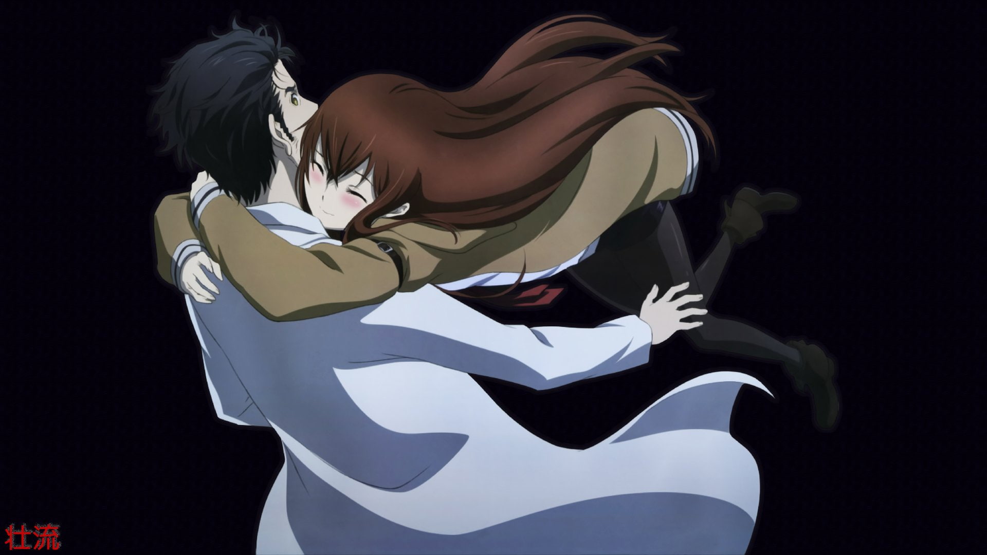 Anime, young women, black background, women, emotion, creativity, white color, beautiful woman, motion, wind, Steins;Gate, elegance, beauty, 1080P, hairstyle, HD Wallpaper
