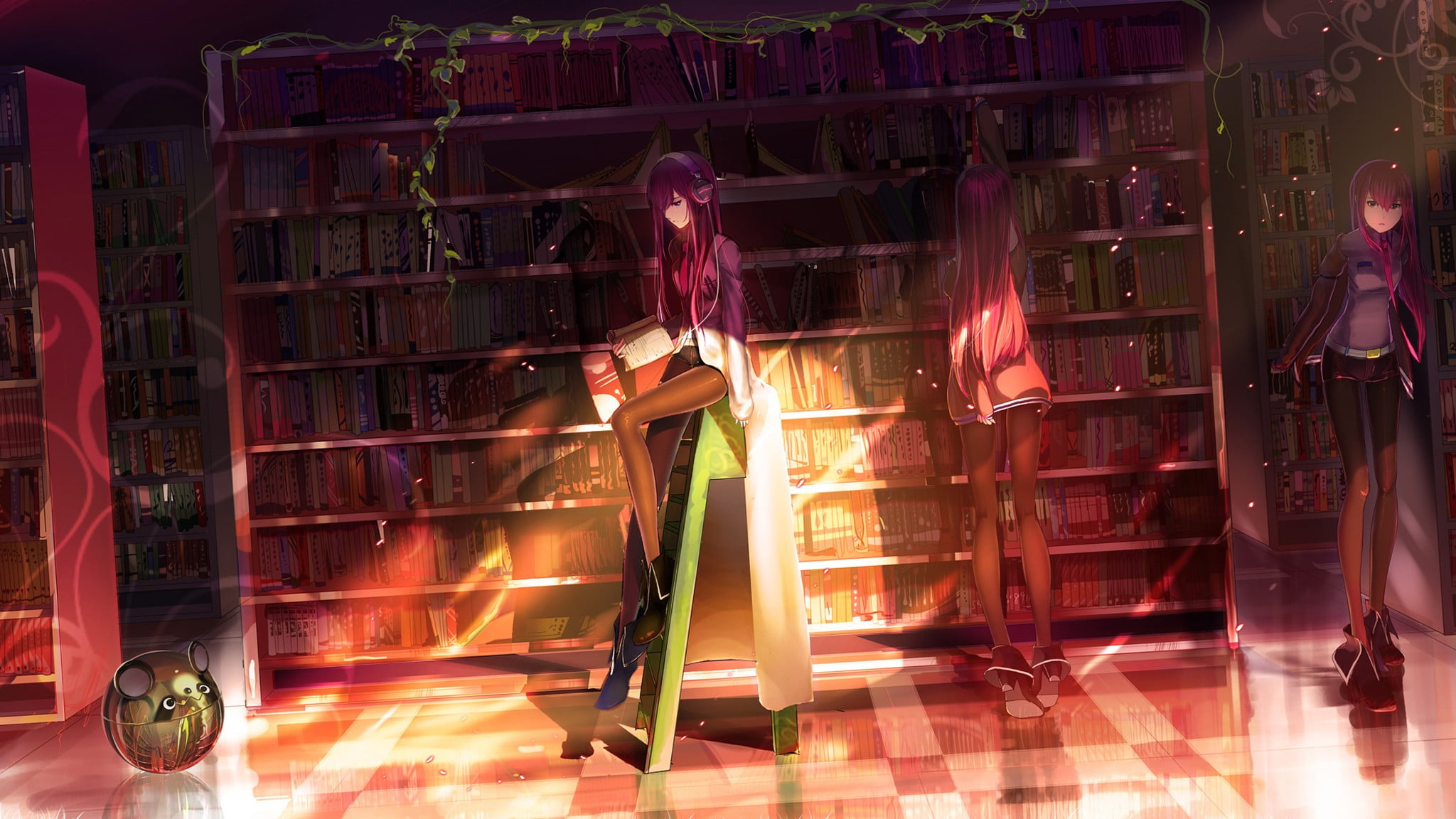 lifestyles, library, standing, rear view, indoors, purple hair, women, anime, men, day, real people, long hair, 1080P, headphones, one person, motion, HD Wallpaper