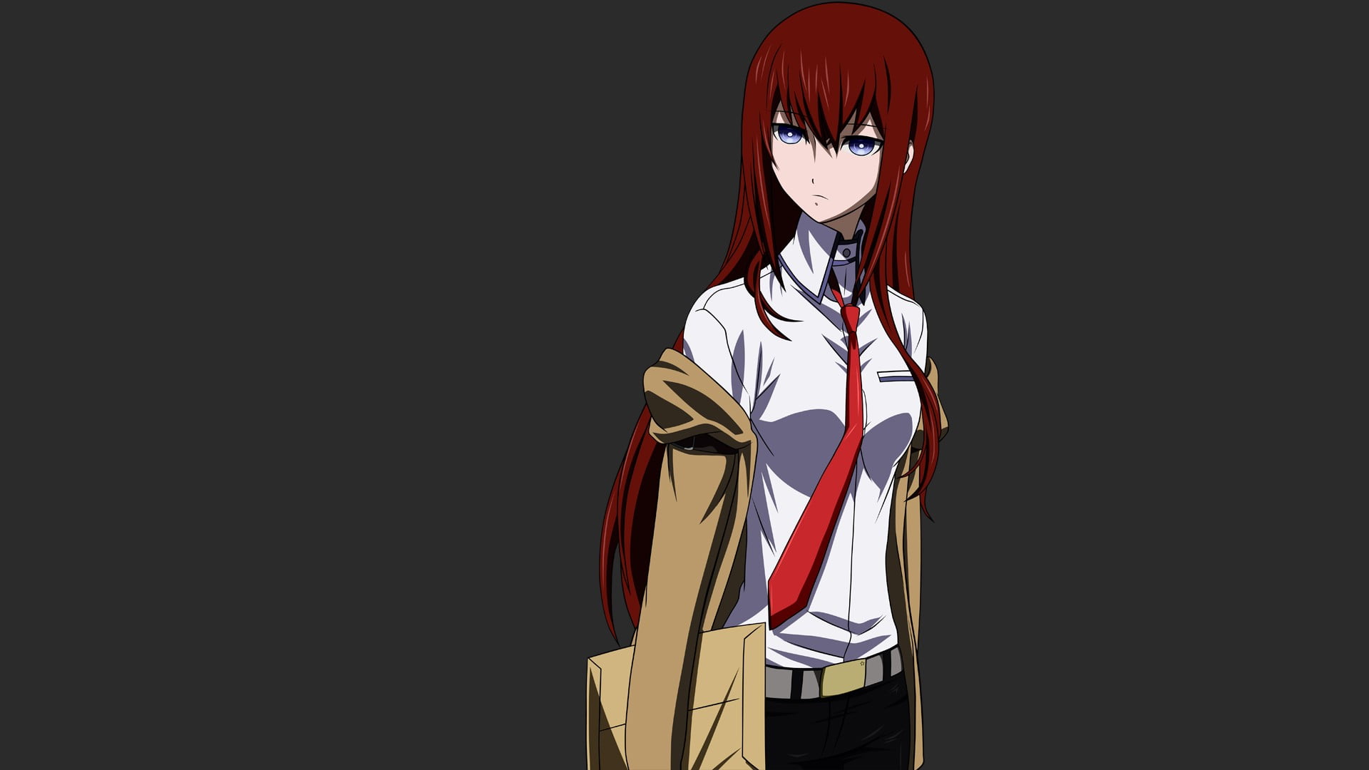 one person, black background, hairstyle, copy space, adult, disguise, 1080P, Makise Kurisu, anime, simple background, indoors, red, three quarter length, HD Wallpaper