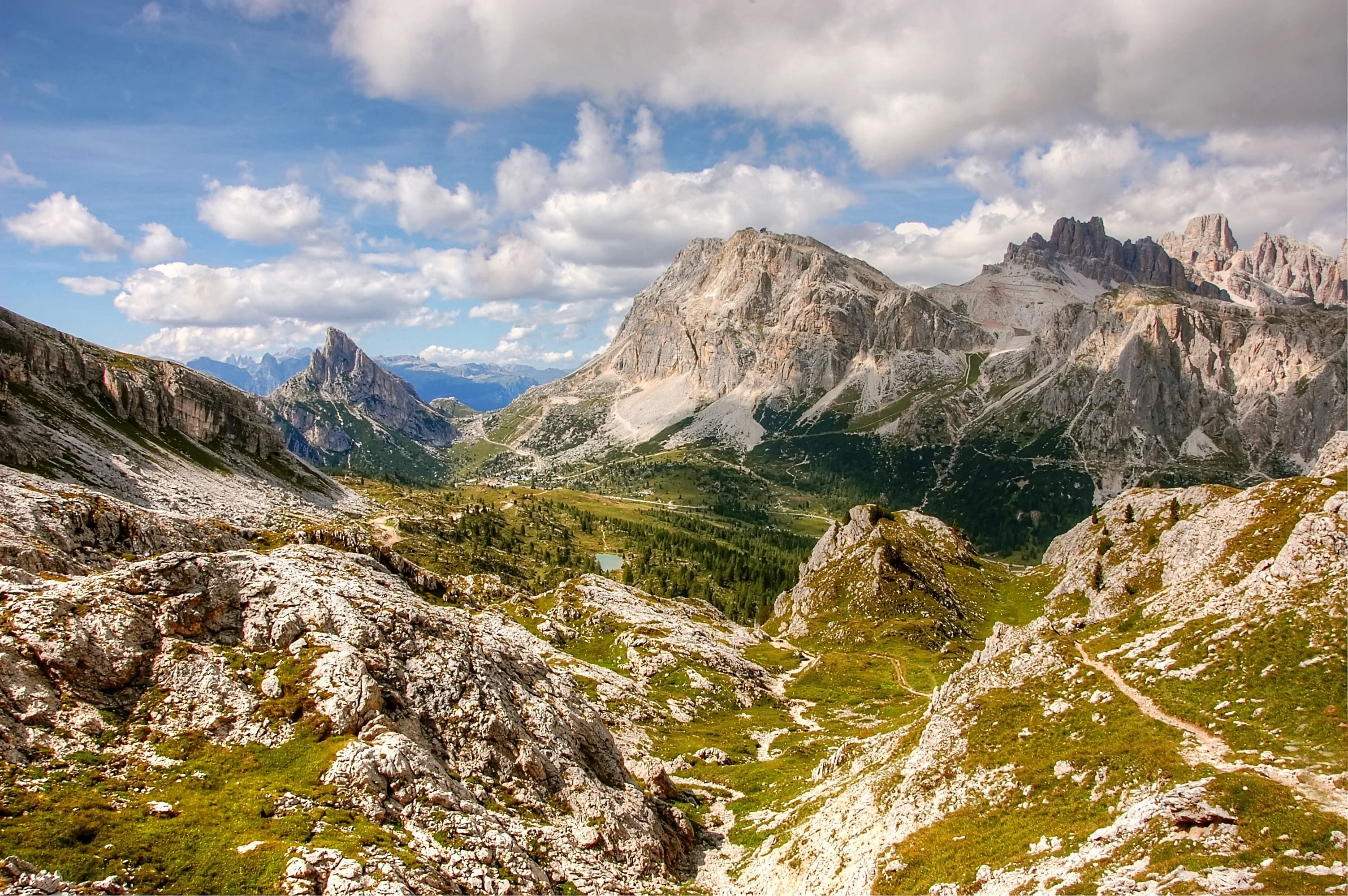 blue, formation, scenic, rock, snowcapped mountain, dolomites, mountaineering, mountain range, water, lagazuoi cable car, nature, south tyrol, the falzarego pass, HD Wallpaper