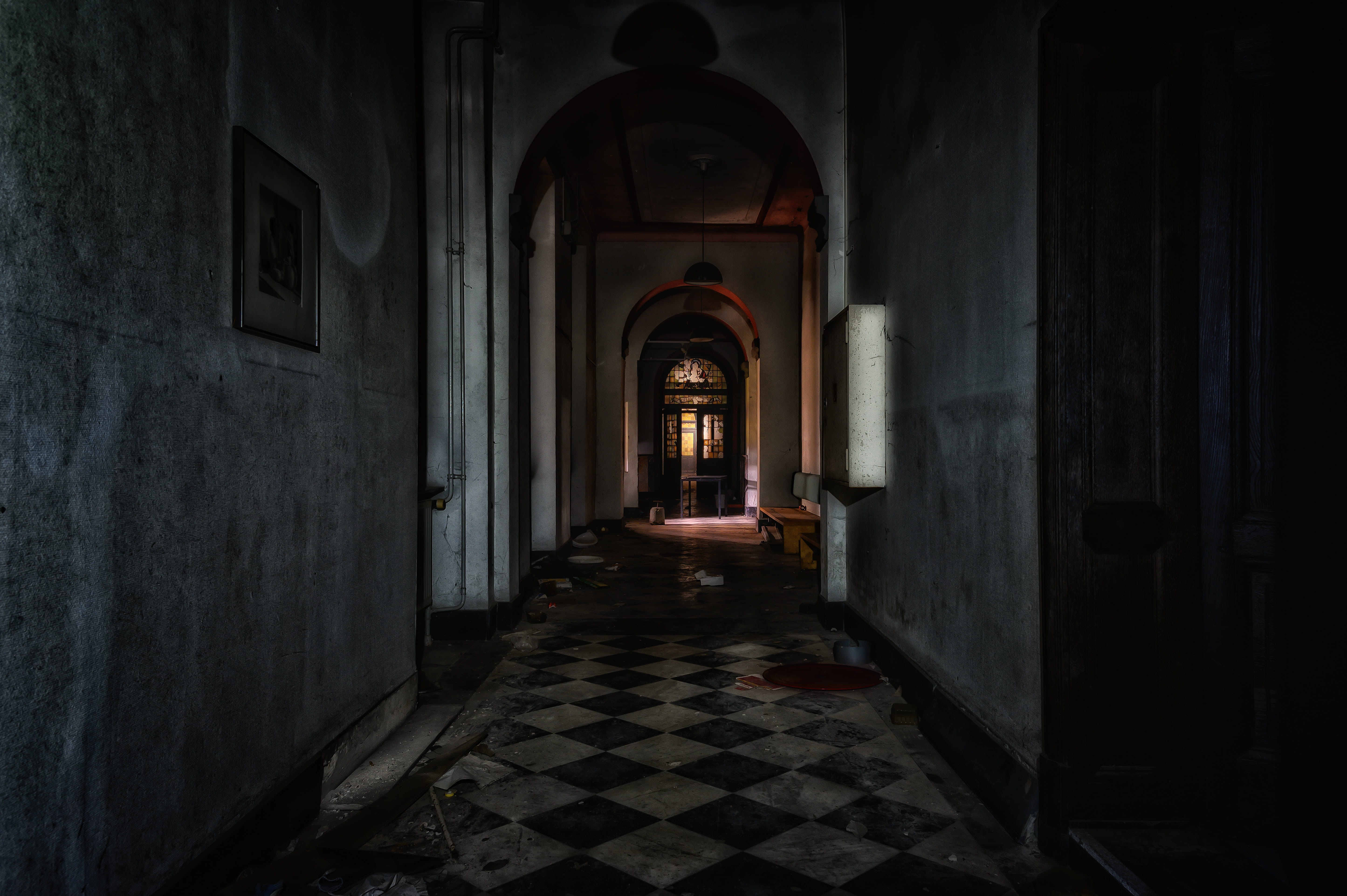 mysterious, arcade, arch, electric lamp, fear, spirituality, past, dark, empty, the past, 5K, architectural column, gloomy, indoors, built structure, religion, HD Wallpaper