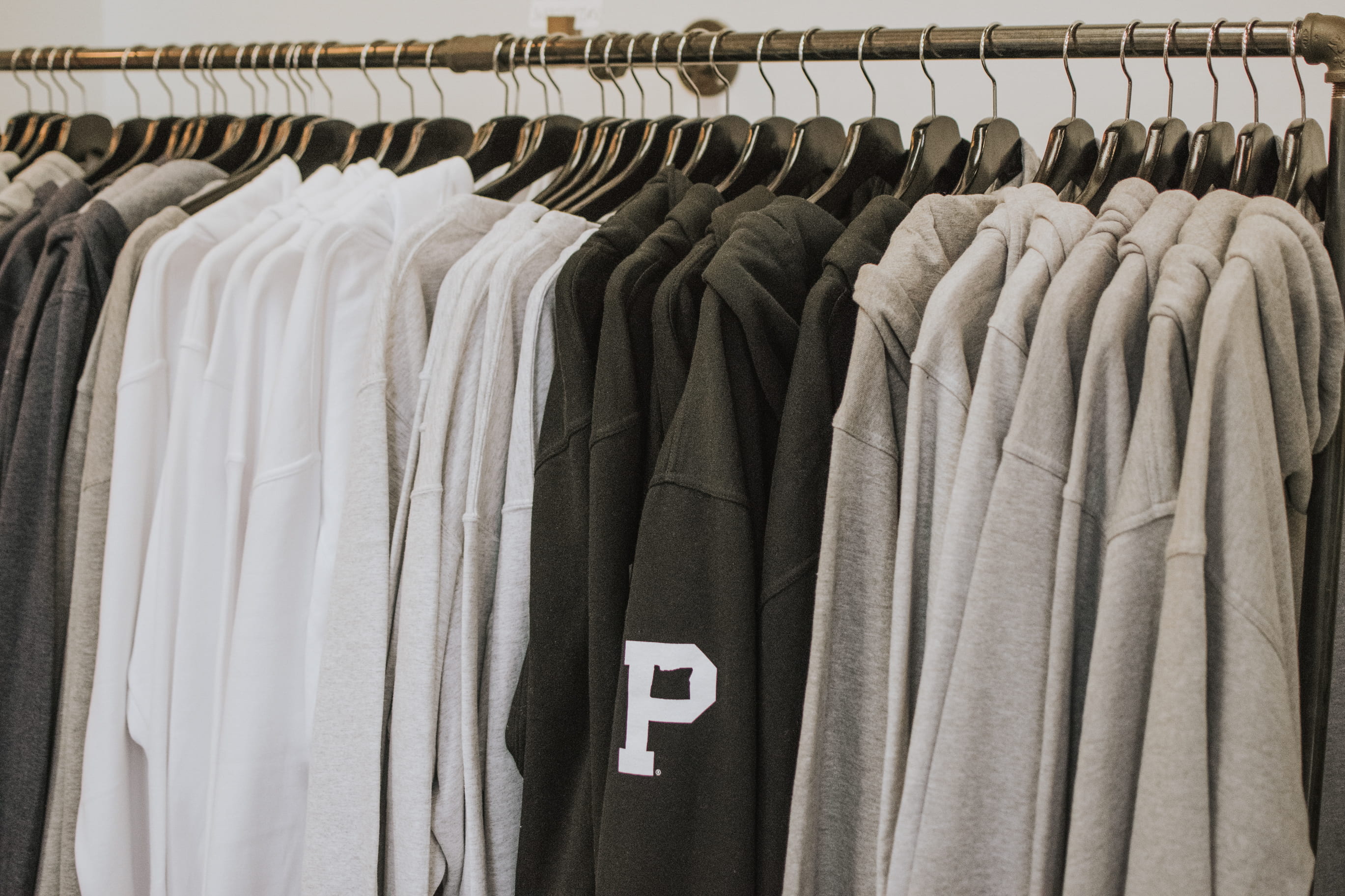 retail, rail, for sale, in a row, order, coathanger, indoors, fashion, clothing, rack, hoodies, shop, clothes rack, textile, retail display, hanged, white, HD Wallpaper
