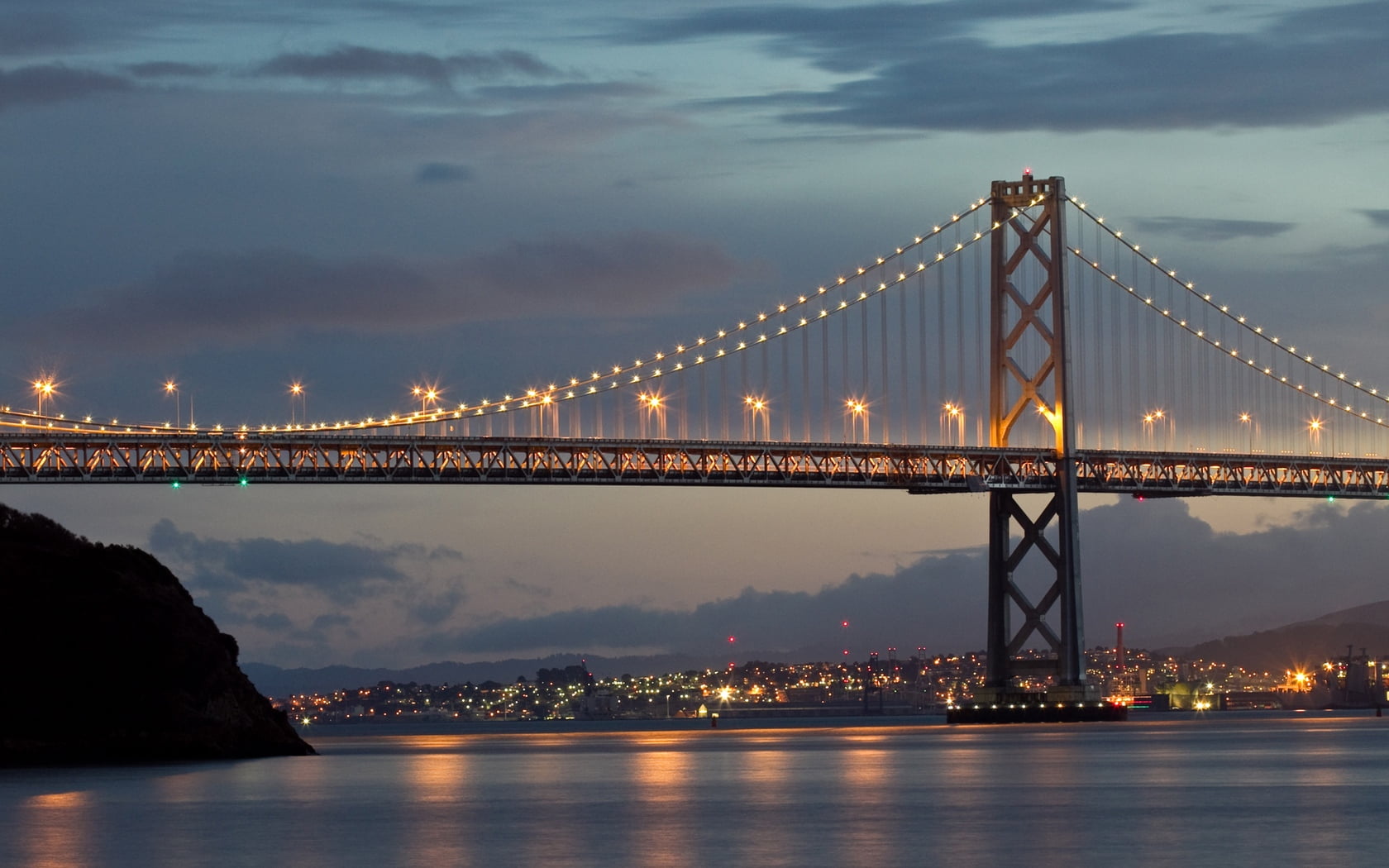 suspension Bridge, dusk, water, built Structure, downtown District, san francisco, lights, sky, manhattan - New York City, urban Scene, traffic, outdoors, HD Wallpaper
