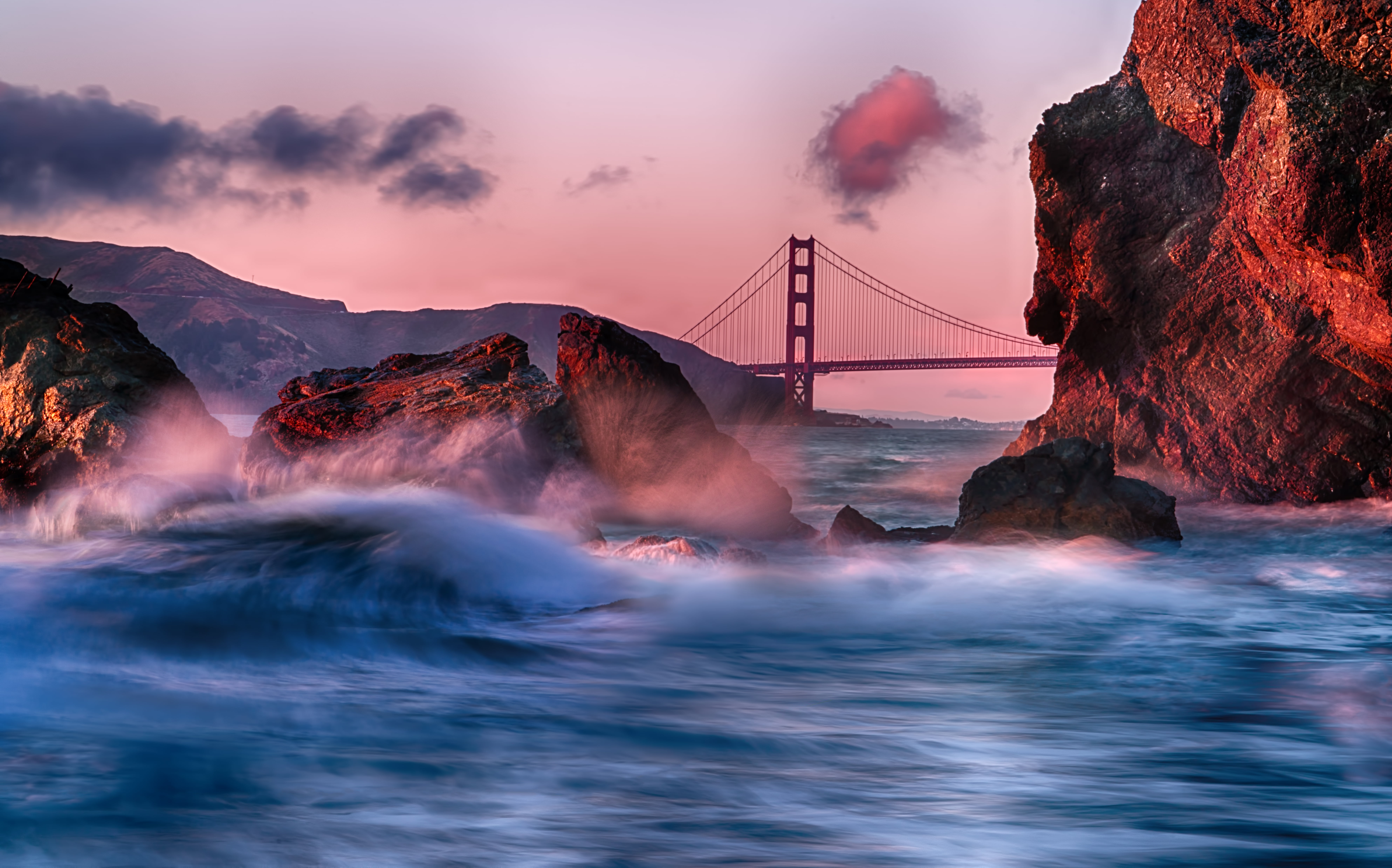 beach, Splash, gate, bridge, water, Golden Gate Bridge, 8K, coastline, rock - Object, nature, waves, pacific Ocean, sunset, san Francisco County, landscape, HD Wallpaper