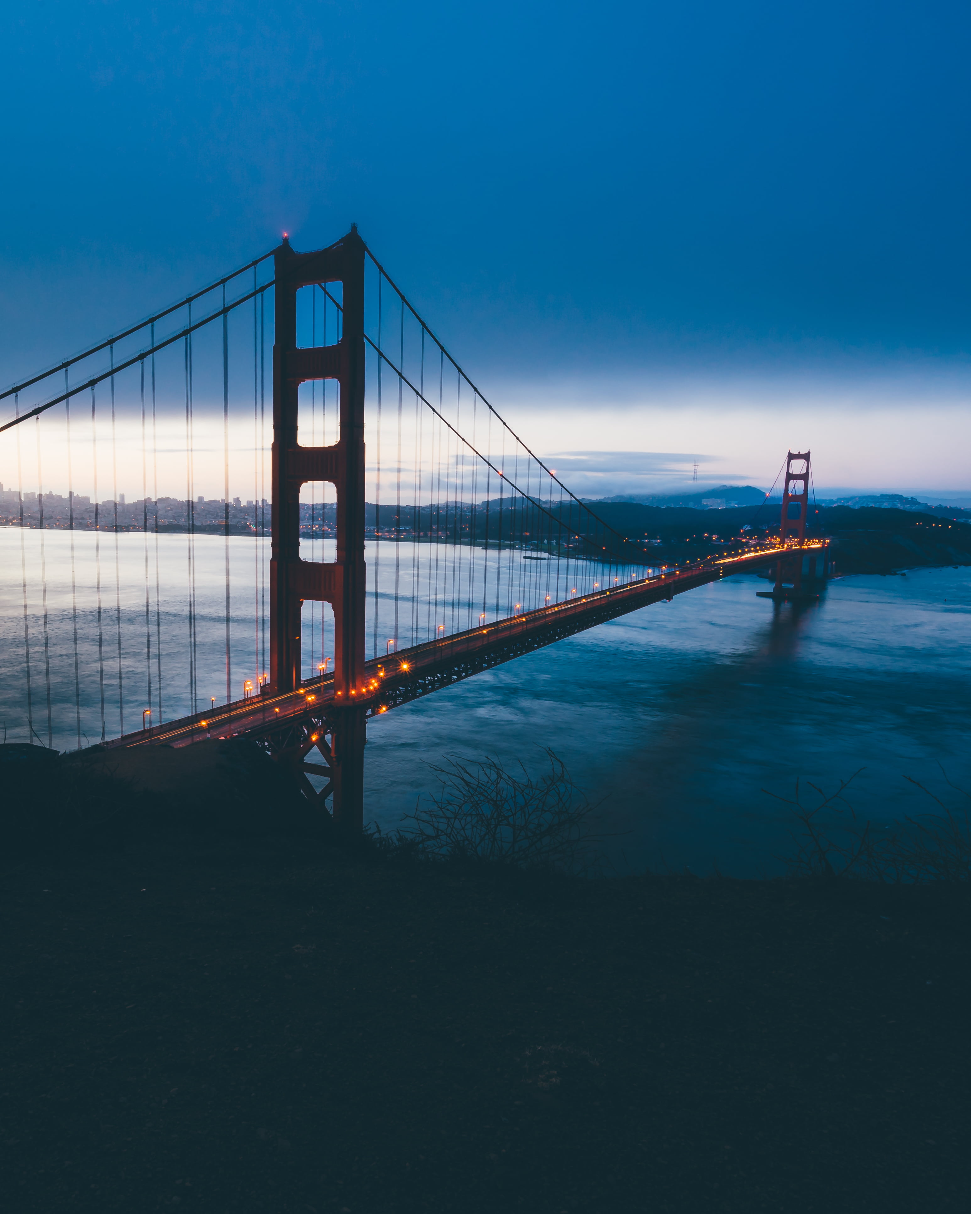 transportation, infrastructure, cloud, connection, bridge, san Francisco County, outdoors, suspension Bridge, engineering, blue, california, illuminated, Phone HD Wallpaper